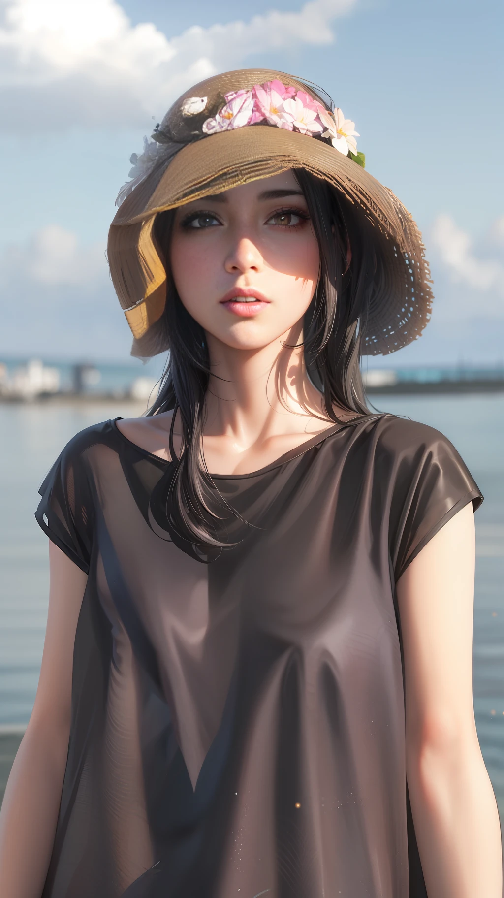 realistic, 1girl, black hair, black eyes, glowing eyes, cropped top, skirt, parted lips, blush, night, flowers, sun, sunlight,