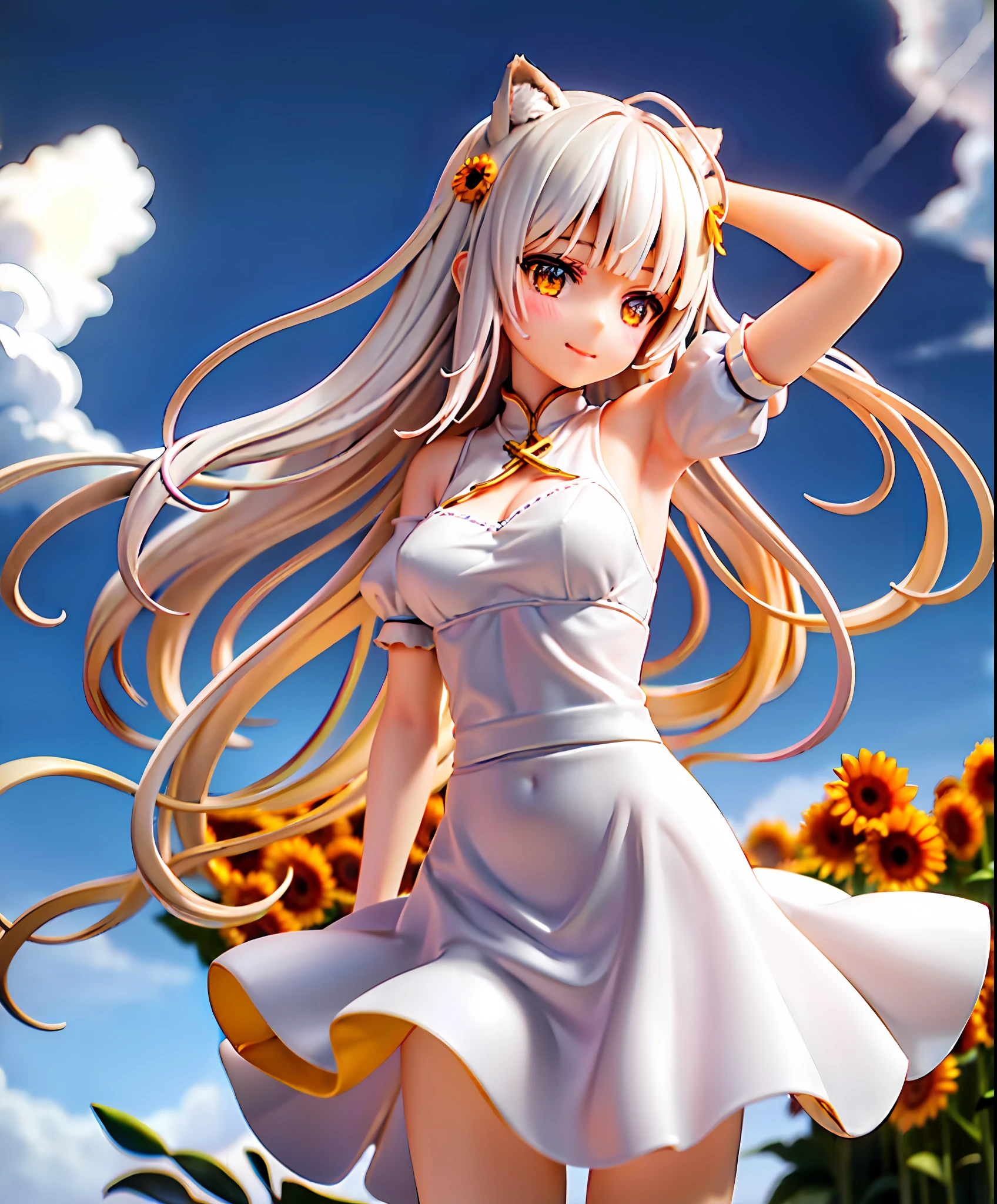 Zhengzhou, 1girl, sunflower, golden eyes, silver hair, flower, skirt, solo, smile, bangs, outdoors, field, standing, long hair, fox ears, looking at the audience, white skirt, extra long hair, yellow flower, flower field, depth of field, shut up, short sleeves, blunt bangs, {{back arm}}, {{hide arm}}, (delicate skin: 1.2), (shiny: 1.3), (oil: 1.4) [wet oil: 0.6], (shiny skin: 1.4), gorgeous, fantastical, natural, Exquisite rendering, original, contour deepening, high-key and low-variance luminance scale, soft light, light and dark interlacing