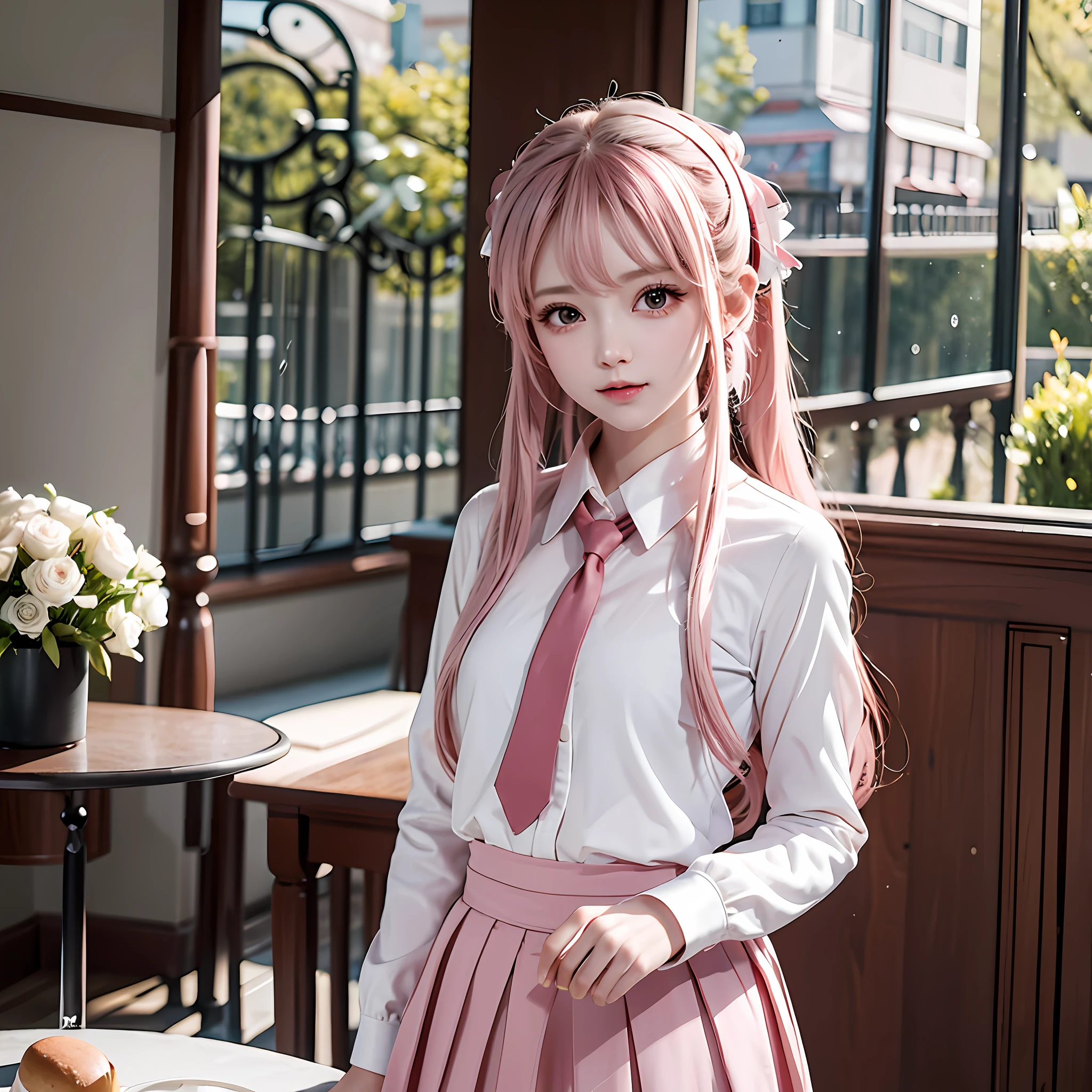 A girl, hands behind her back, leaning forward, looking at the camera, fair complexion, large, bright eyes, long pink hair, high double ponytail: 1.2, ribbon hair ornament, petite and delicate, school uniform with school crest, short skirt and white shirt, inside the coffee shop, coffee cup and dessert on the table, masterpiece, delicate hair, delicate face, wallpaper, figure in the center,