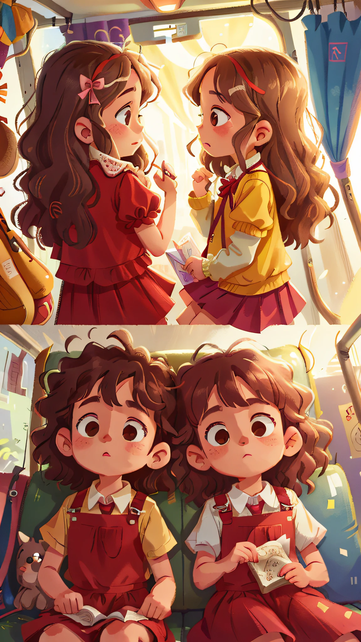 Two twin girls curly brown hair, Livia and Lavinia on the bus