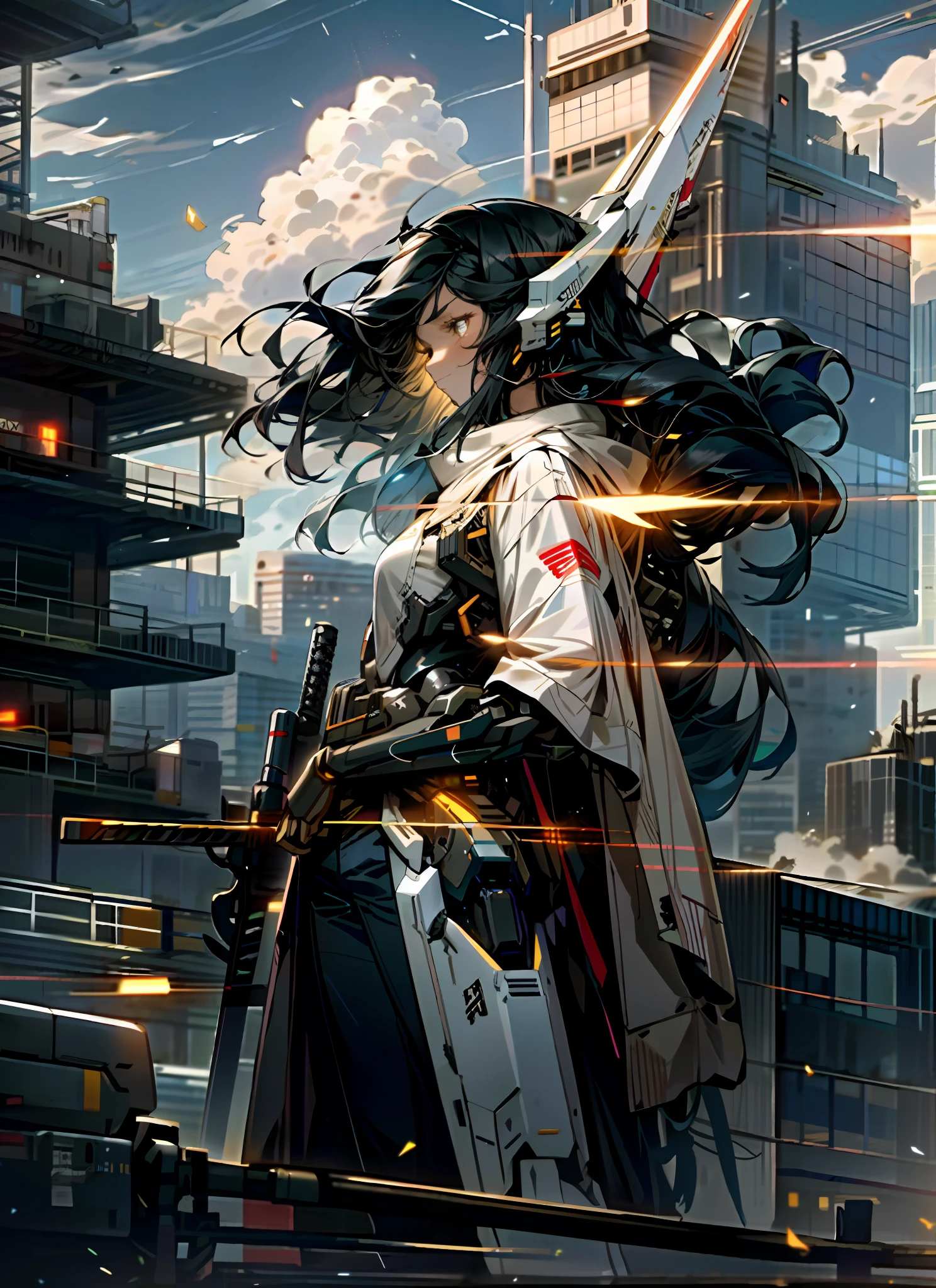 sky, clouds, holding_weapon, no_humans, glow, robot, architecture, glowing_eyes, mecha, science fiction, city, reality, mecha, girl, delicate face, long black hair,