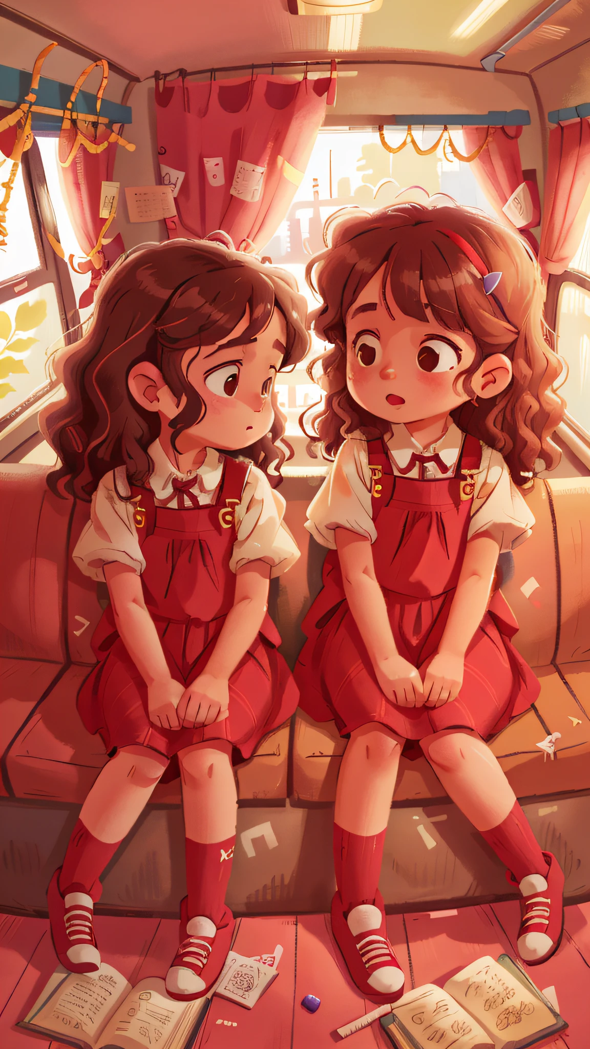 Two twin girls curly brown hair, Livia and Lavinia on the bus