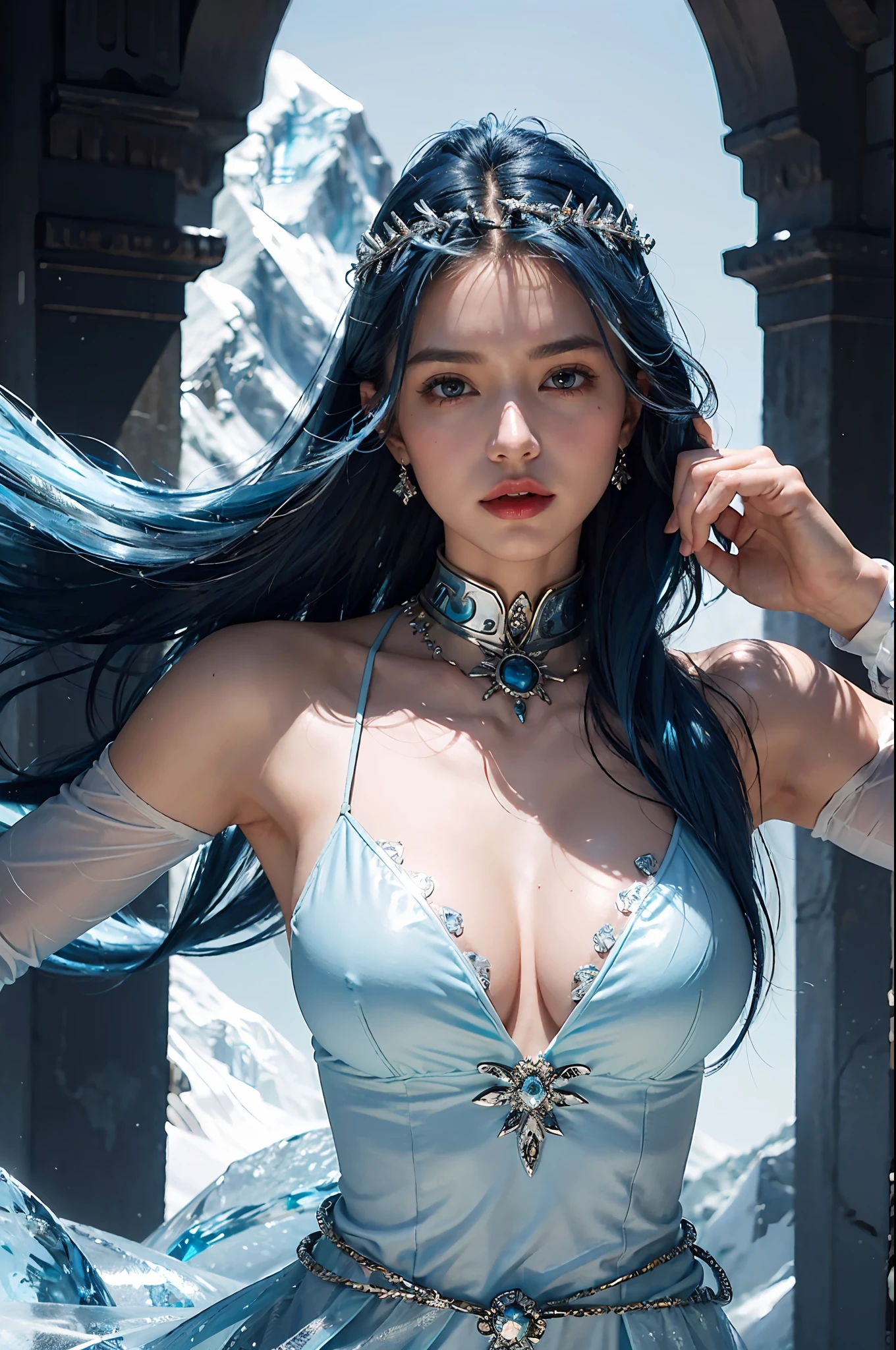 ((masterpiece,best quality,highest quality,realistic, inticrate detail)), 1 girl, blue hair, floating hair, long hair, ice element, large breast,ice queen, at everest ,dynamic pose, shine torch