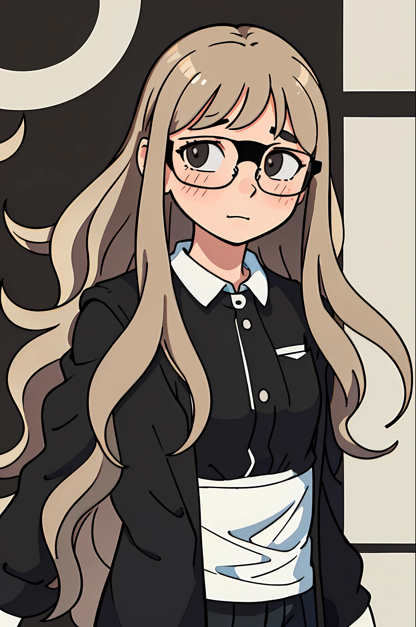 (a masterpiece), better quality, incredibly detailed illustration, a mature girl with pale and flushed skin, (hair with light brown waves:1.3) in a long length, bangs in the eyes, (cute transparent glasses:1.2), cute makeup, happy and shy, (black clothes)