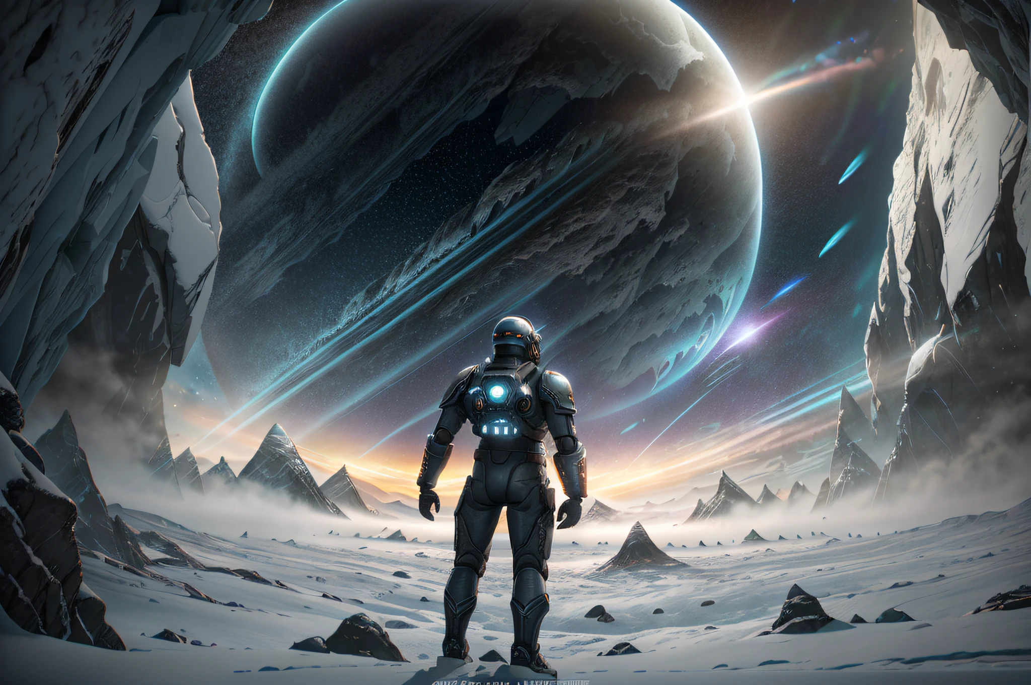 (35mm: 1.2), highly detailed color photo in RAW format, rear corner, full body (male space marine, dressed in a metal robo spacesuit, futuristic helmet, tinted face shield, rebreather, accentuated wide back), the planet is completely covered by icy cold (standing on the abyss of a high rocky mountain, looking at a dark icy landscape, and a dome is visible in the distance, on an alien planet), gloomy details, (alien planet), toned body,   (Sci-Fi), (Mountains:1.1), (Ice Pillars), (Two Moons in the Sky:0.8), (High Detail, Hyper-Detailed, Intricate), (Lens Flare:0.7), Particle Effects, Ray Tracing, Cinematic Lighting, Shallow Depth of Field, Photographed on Sony a9 II, 35mm wide-angle lens, sharp focus, cinematic still from the 2013 film Gravity, rear view, dynamic angle --auto --s2