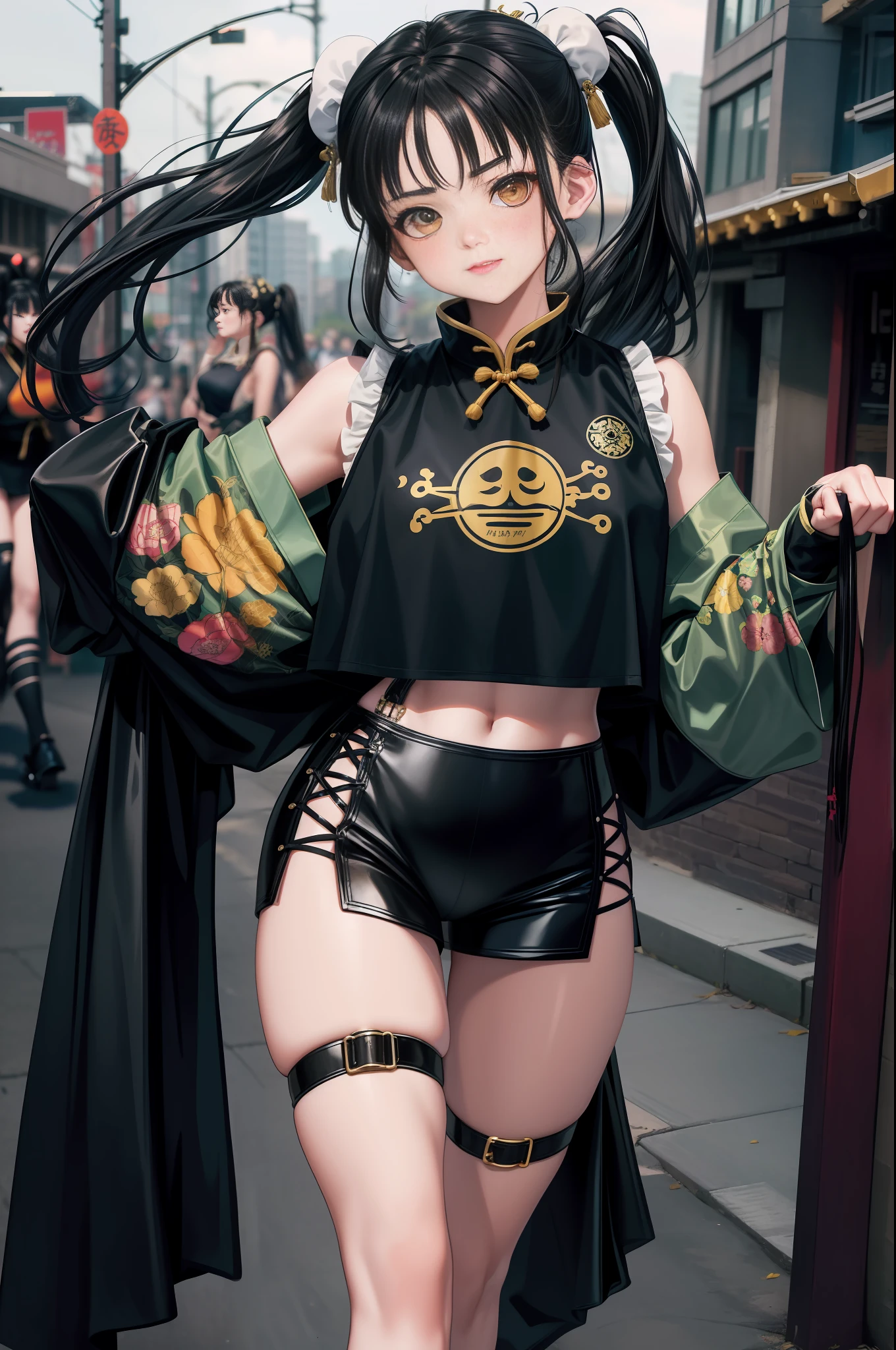Close-up of two girls in different costumes, grunge style, garbage aesthetics!!!, grunge aesthetics!!! (, sexy gloomy style, grunge aesthetics, grunge fashion, teen grunge punk rock, Y2K style, y 2 k style, punk style, this set style, gothic style, retro aesthetic, 90s style, retro look, standing, leg raise, kung fu, martial arts, hanfu, costume, big hero, high ponytail, laugh, chinese style