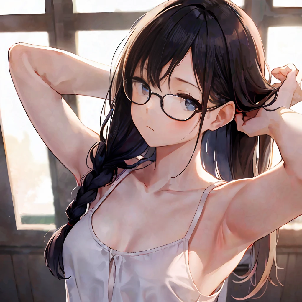 1 Girl, , white camisole, collarbone, indoors, Lonely room, 1window, evening lighting, masterpiece, high quality, black hair, braid, bang, view from above sad, lonely, (((flat chest))), no bra, slender, glasses, arms up holding hair, photorealistic, ultra resolution