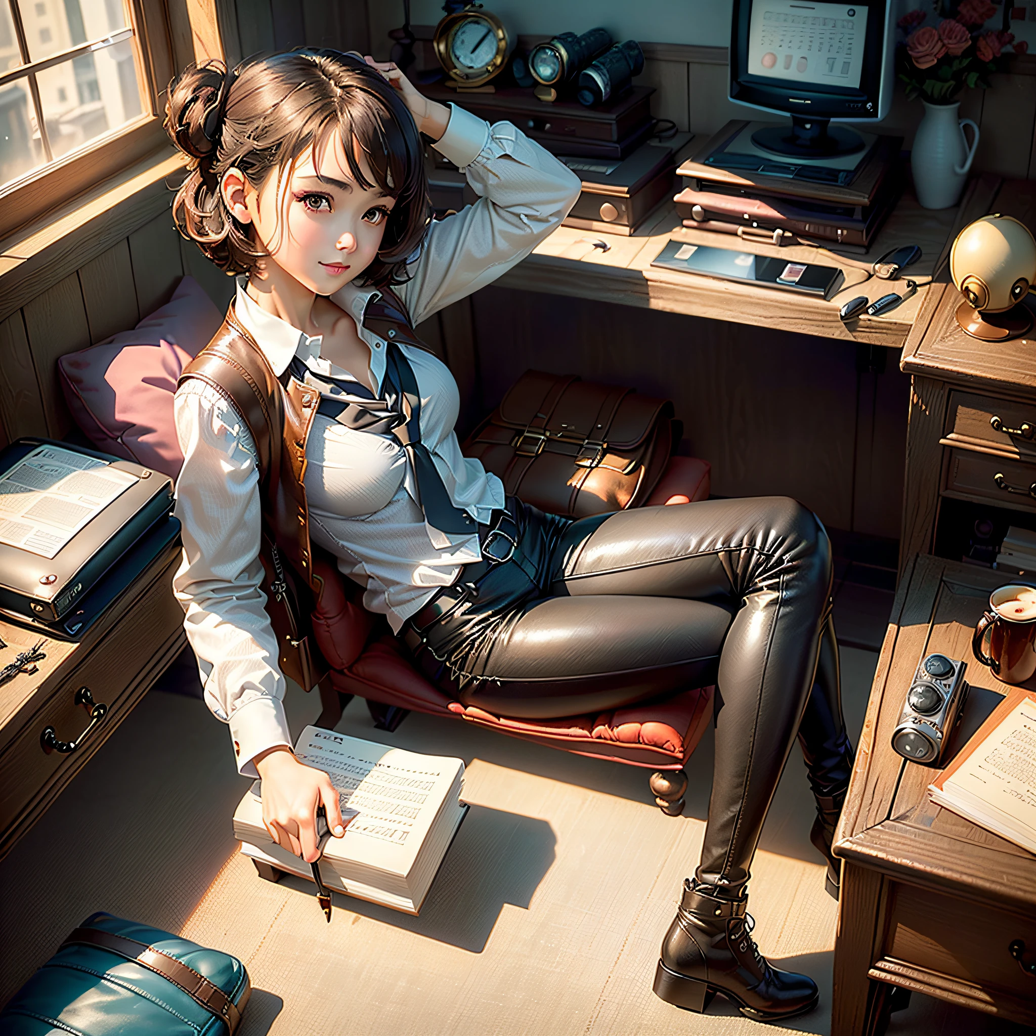 (masterpiece, highest quality, highest resolution, distinct_image, very elaborate CG, cinematic lighting, ray tracing, drop shadows, detailed detail, (photorealistic: 1.4), high quality textures, fine-grained, realistic face expression): (lone girl, face is Japan, brown short hair, hair tied back, small size breasts, sparkly eyes, eye level shots, happy smiles, beauty, slim body, holiday, own room, console games, computer, display, keyboard, mouse, long leather pants, white shirt with collar, leather vest, cardian, baseball cap, handgun holder, leather bag on back, long boots, antique radio, coffee, Model Train, Bookcase, Wooden Chair, Pot, Fan, Painting, Stuffed Animal, Tie, Notebook, Stationery, Vase, Photo Frame, Letter, Fountain Pen, Calendar, Lamp, Cushion, Basket, Profile Mirror, Candle, Newspaper, Sweets, Park View Outside the Window, Telephone, Fruit, Telescope, Retro TV)