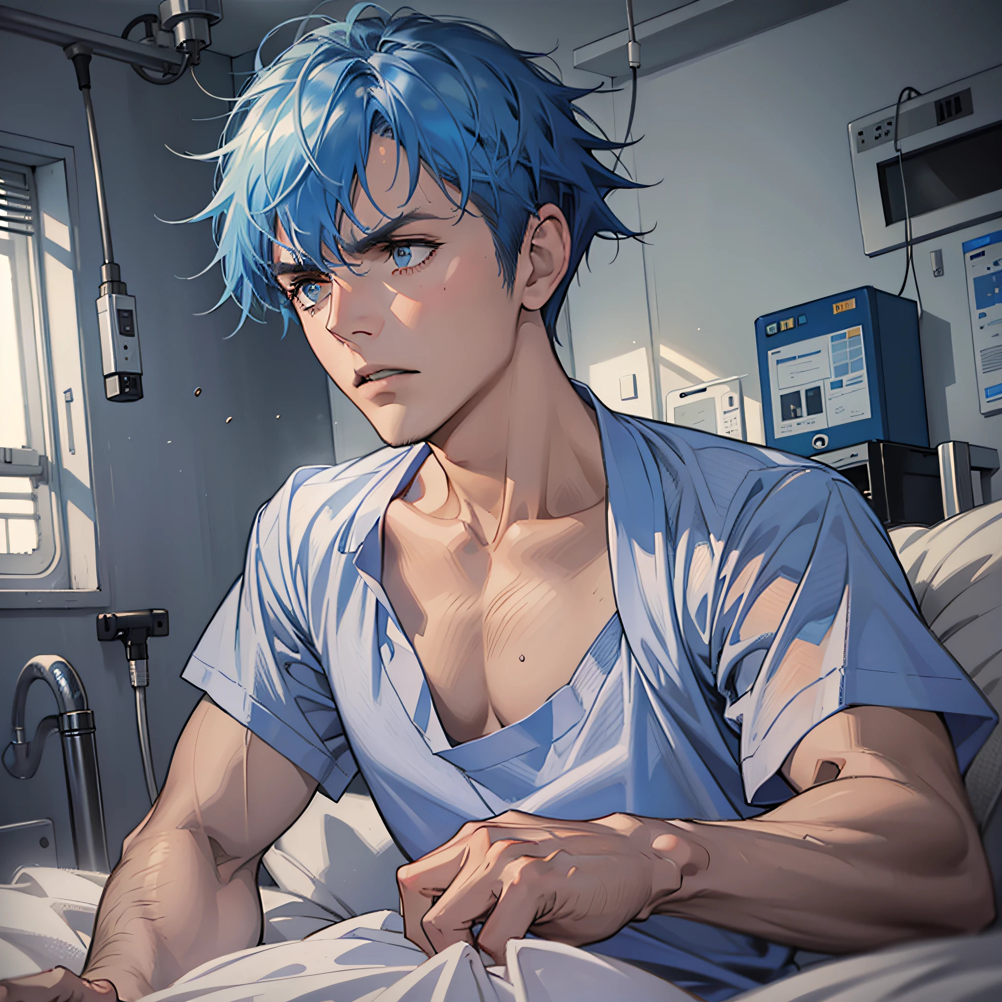 Man, short blue hair, in hospital gown, lying in bed, angry, clenched fists, hospital background, backlit, projection accented