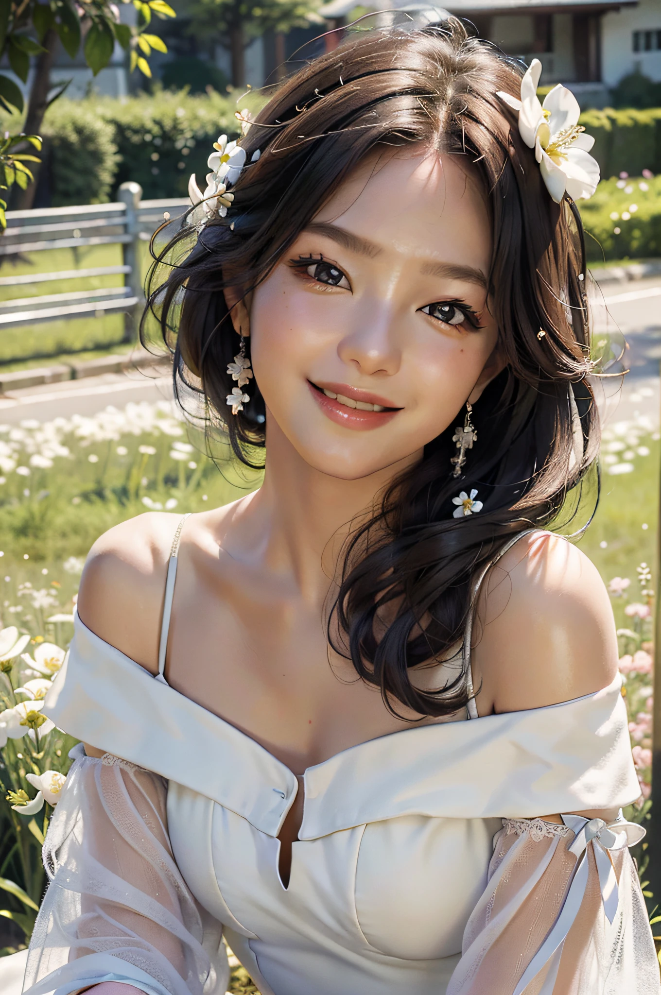 Best quality, masterpiece, ultra high res, (photorealistic:1.4), raw photo, 1girl, white dress, off shoulder, blossom flower field, glowing skin, light smile
