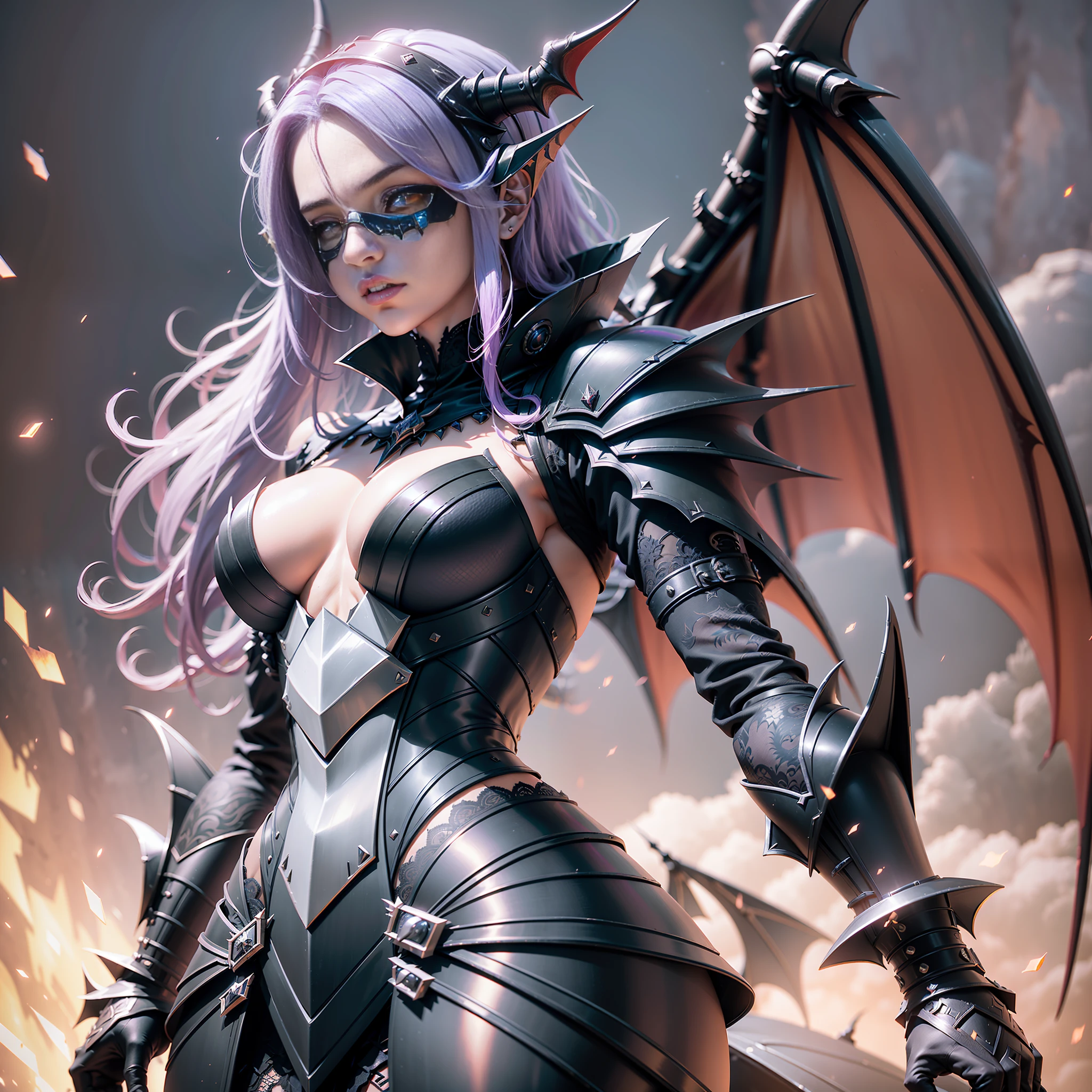 ((Best Quality)), (Masterpiece)), (Details: 1.4), 3D, (Image of a beautiful wyvern girl in a gorgeous laced dress-like cybersuit),(Add a black full-face helmet with dragon's eye cyberlens)), cover the entire face with a mask, black dragon scale armor, pterosaur heavy armor, (style combining bat features), (( Add lace decorations to the suit)), Gothic style (dragon horns on the head), Gothic style (add mechanical dragon tail), (add mechanical pterosaur wings on the back), (add black full-face helmet with dragon's eye cyberlens)), cover the entire face with a mask, HDR (High Dynamic Range), ray tracing, NVIDIA RTX, super resolution, Unreal 5, Subsurface Scattering, PBR Texturing, Post-Processing, Anisotropic Filtering, Depth of Field, Maximum Clarity and Sharpness, Multi-Layer Textures, Albedo and Specular Maps, Surface Shading, Accurate Simulation of Light-Material Interactions, Perfect Proportions, Cyber Dragon Woman, Purple Long Hair, Sharp Eyeliner, (Full Body)), Sharp Focus, Octane Render, Two-tone Lighting, Wide Aperture, Low ISO, White Balance, Rule of Thirds, 8K RAW, Circuit Board AI, 4k, Mist, Night Sky Background, Beautiful Western Vampire Girl, Dead Man Skin Color, Red Eyes
