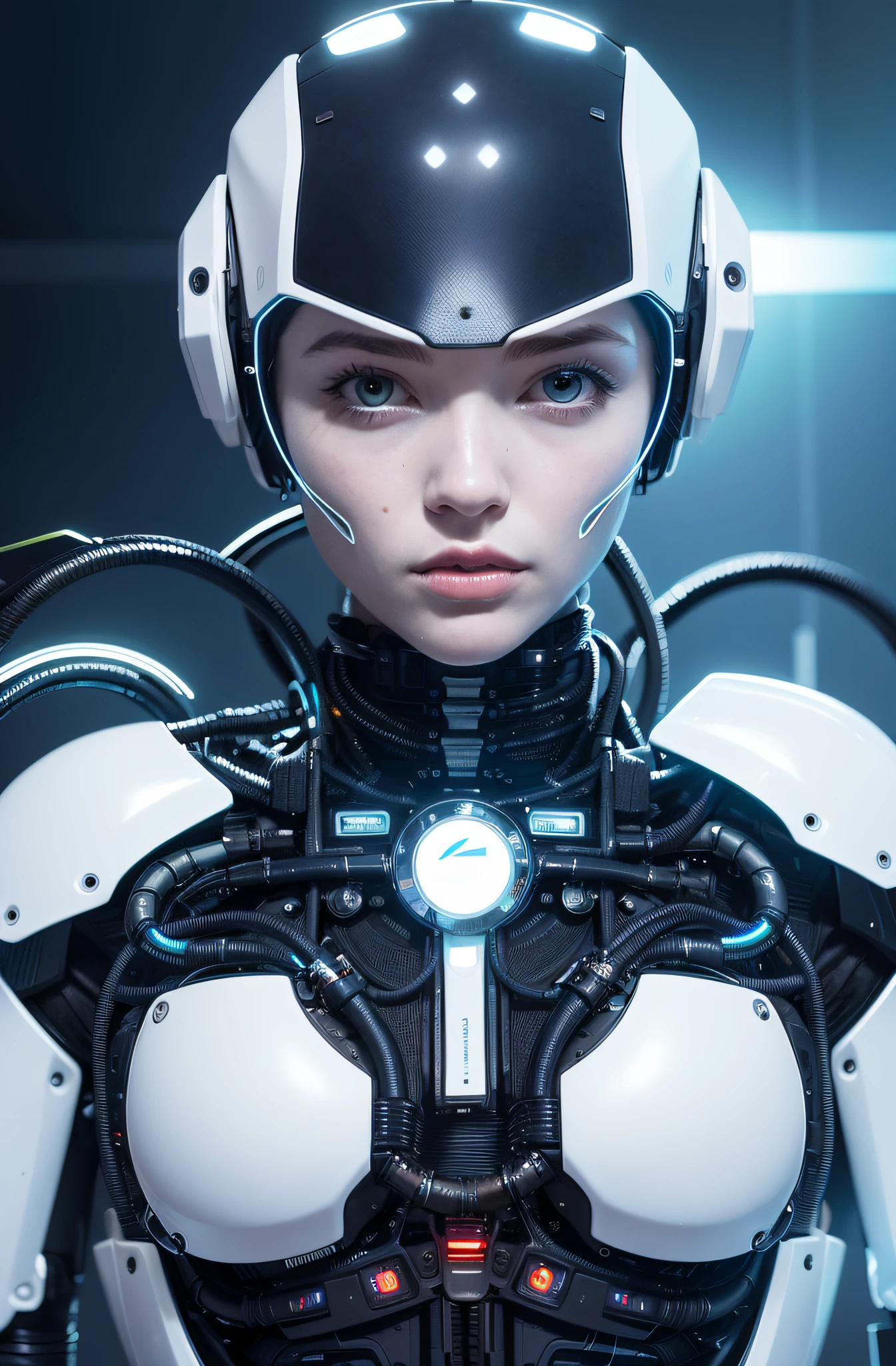 There is a woman in a futuristic suit with a blue led head light, beautiful white cyborg girl, beautiful cyborg girl, young cyborg lady, beautiful sci portrait - fi girl, cute cyborg girl, beautiful seductive cyborg female, beautiful cyborg girl, cyborg - girl, cyborg girl, perfect cyborg female, beautiful female cyborg, beautiful female beauty, beautiful female android, a picture of a beautiful cyborg