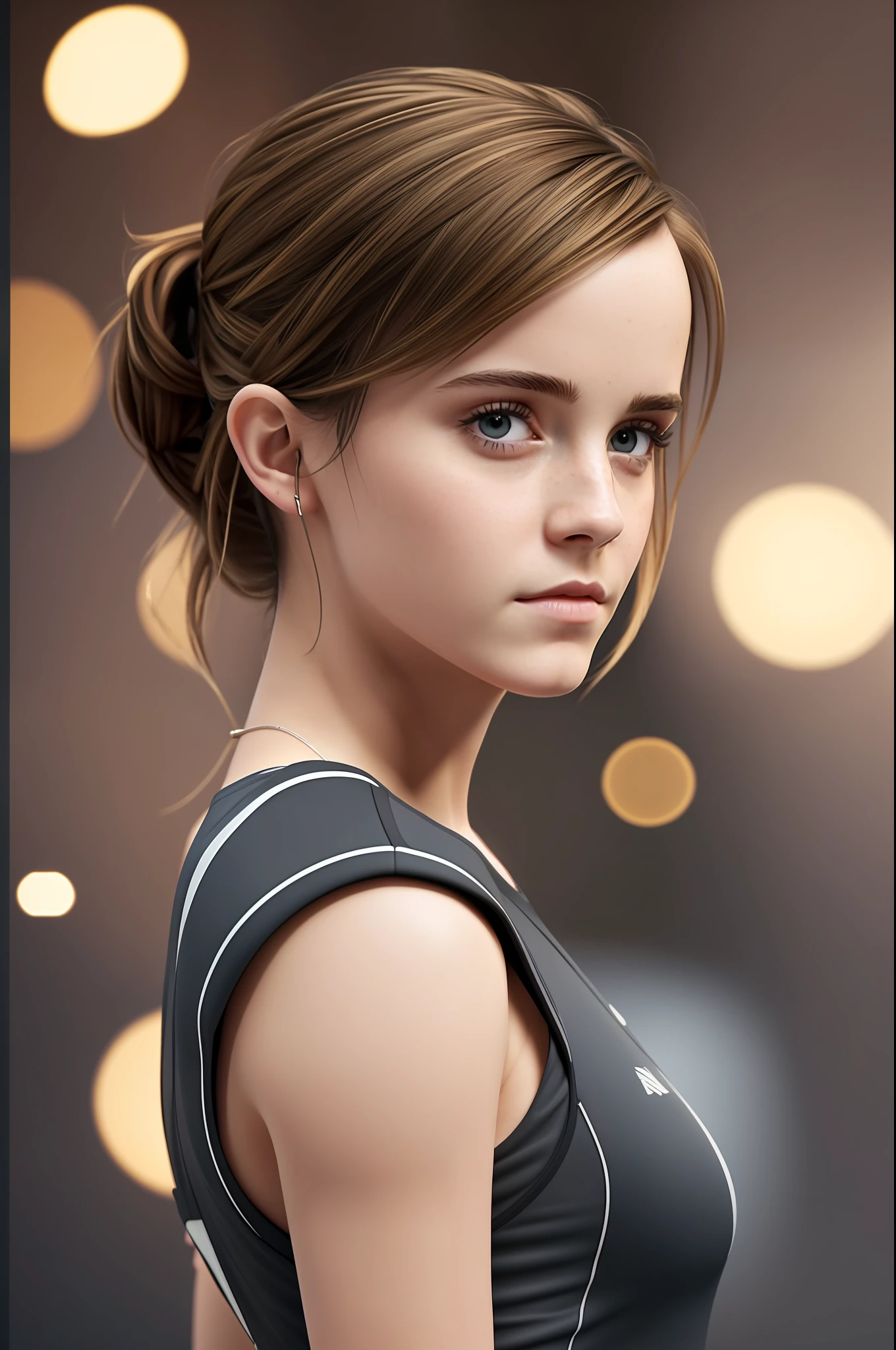 Emma Watson. The sporty clothes of the tall slender woman can hardly cover her small butt and round breasts. With a dreamy look, she looks into the camera, (Masterpiece:1.2) (Photorealistic:1.2) (Bokeh) (best quality) (intricate details) (8K) (High Poly) (Raytracing) (Cinema lighting) (Sharp focus) (detailed face) (detailed pupils)