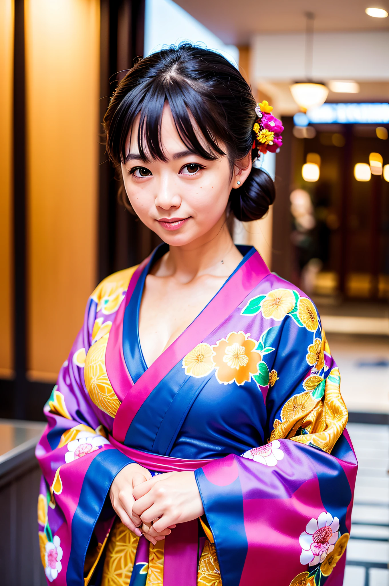 woman posing for a photo with hands behind her back, (wearing kimono_clothes, colorful dress:1.3),beautiful jpd_woman,perfect jpd_face,perfect jpd_body,
good hand,4k, high-res, masterpiece, best quality, head:1.3,((Hasselblad photography)), finely detailed skin, sharp focus, (cinematic lighting), collarbone, night, soft lighting, dynamic angle, [:(detailed face:1.2):0.2],(((5 stars hotel))), outside,