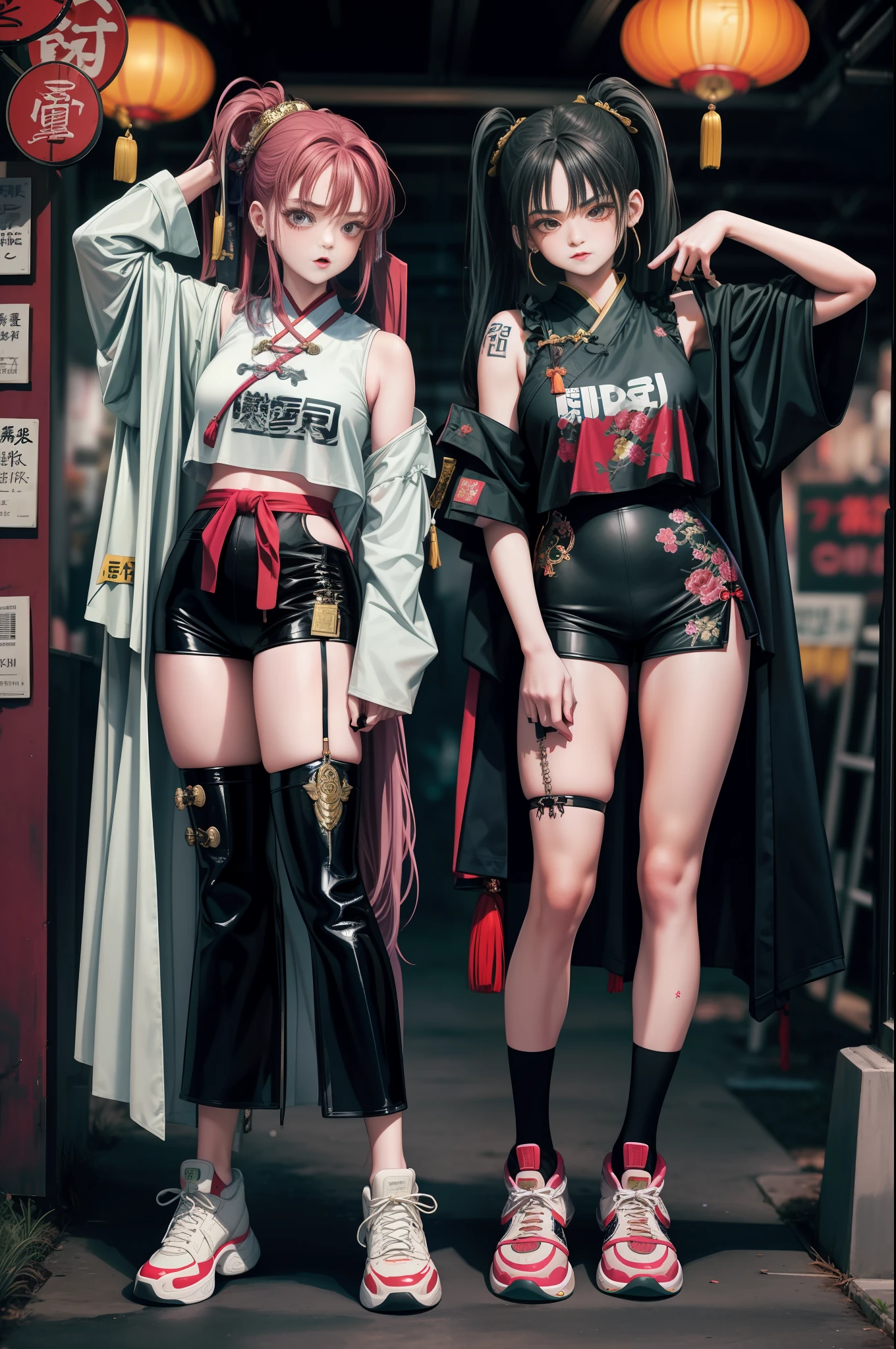 Close-up of two girls in different costumes, grunge style, garbage aesthetics!!!, grunge aesthetics!!! (, sexy gloomy style, grunge aesthetics, grunge fashion, teen grunge punk rock, Y2K style, y 2 k style, punk style, this set style, gothic style, retro aesthetic, 90s style, retro look, standing, leg raise, kung fu, martial arts, hanfu, costume, big hero, high ponytail, laugh, chinese style