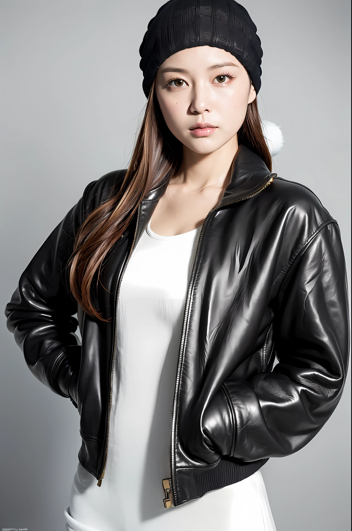 ((8k:1.27), best quality, masterpiece, ultra highres:1.2) Photo of a beautiful Japanese woman (linda:1.1) (science fiction warrior woman:1.1) space soldier, (beanie:1.61) (leather jacket:1.21) intricate elegant, costumed, detailed, metric by greg rutkowski and alphonse mucha, gradient lighting, large breasts, suspended breasts