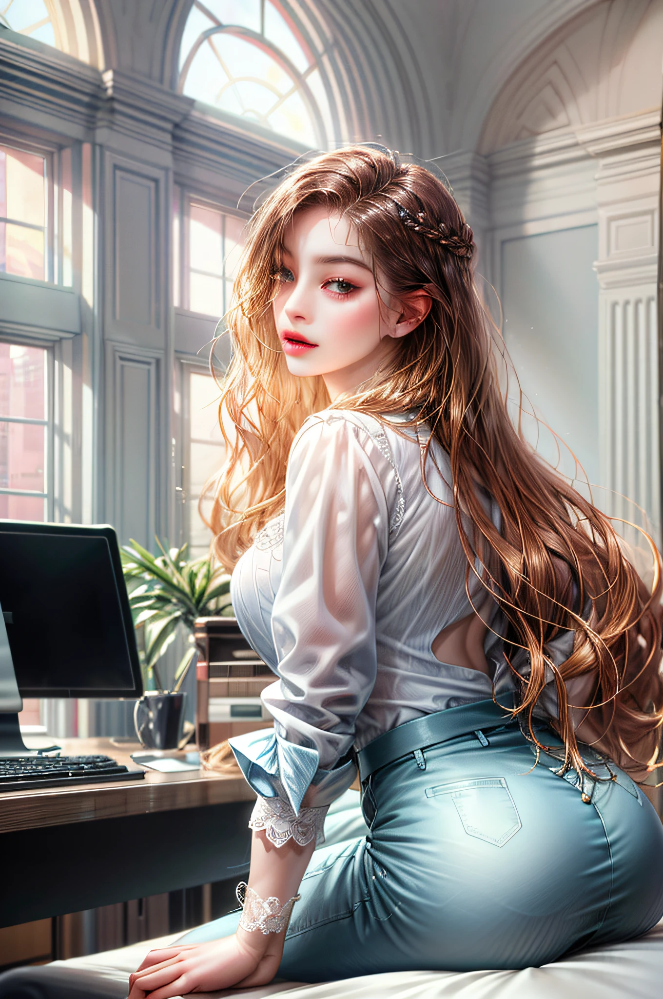 (absurd, high resolution, super detailed), lesbian, jefax employee, office uniform, one with long hair, one short one behind the woman there are windows showing various buildings in the city (absurd, high resolution, ultra-detailed), lesbian, jefax employee, office clothes, one with long hair, one short woman, white sheer blouse, no miniskirt, underwear biting, sexy pose, lower body slender, back view, gaze is window side, buttocks stick out, on all fours, buttocks facing forward, provocative,