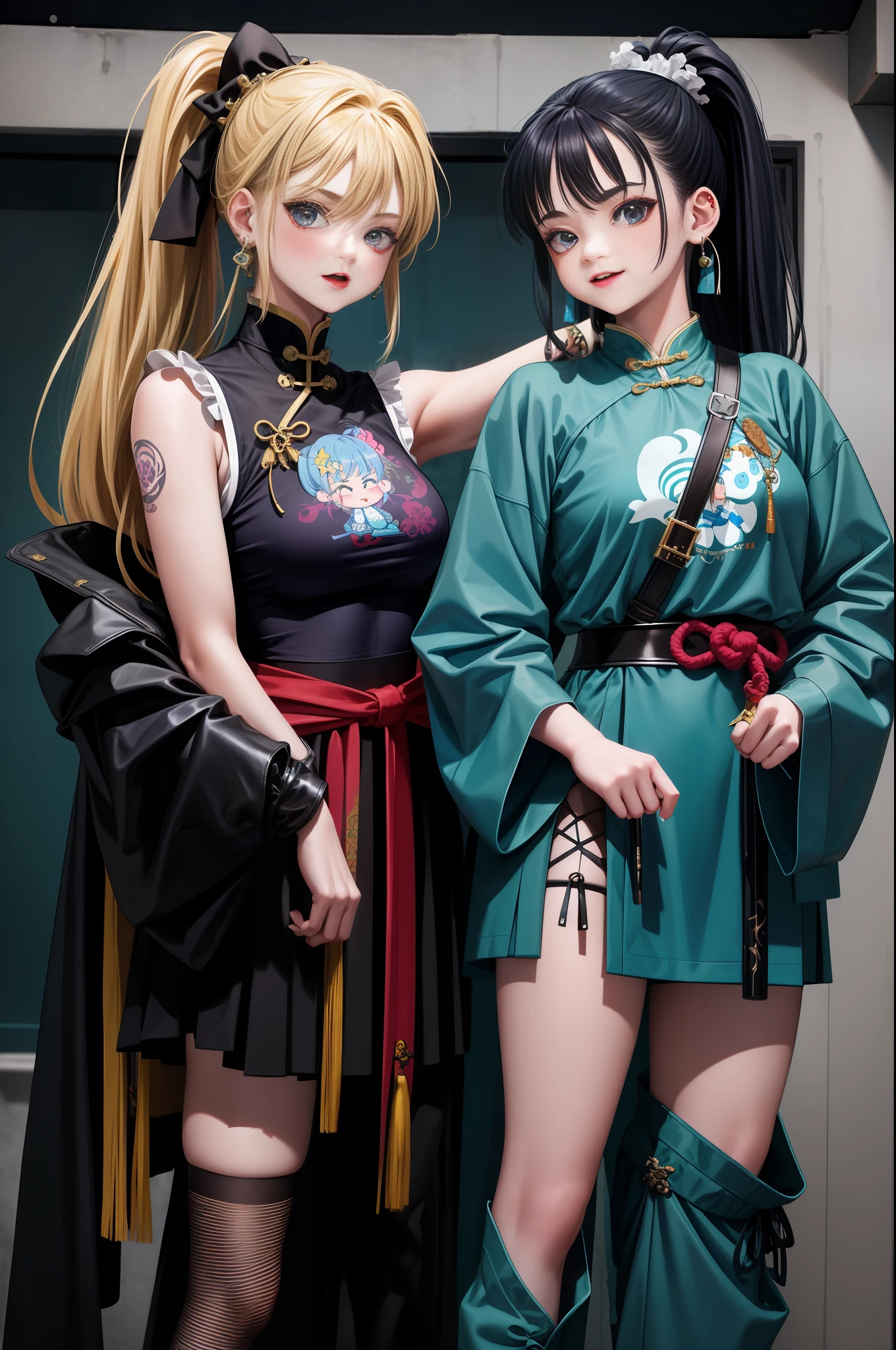 Close-up of two girls in different costumes, grunge style, garbage aesthetics!!!, grunge aesthetics!!! (, sexy gloomy style, junk aesthetic, Y2K style, y 2 k style, punk style, this set style, gothic style, retro aesthetic, 90s style, retro look, standing, leg raise, kung fu, martial arts, hanfu, ancient costume, hero, high ponytail, laugh, chinese style, blue clothes, sword, earrings