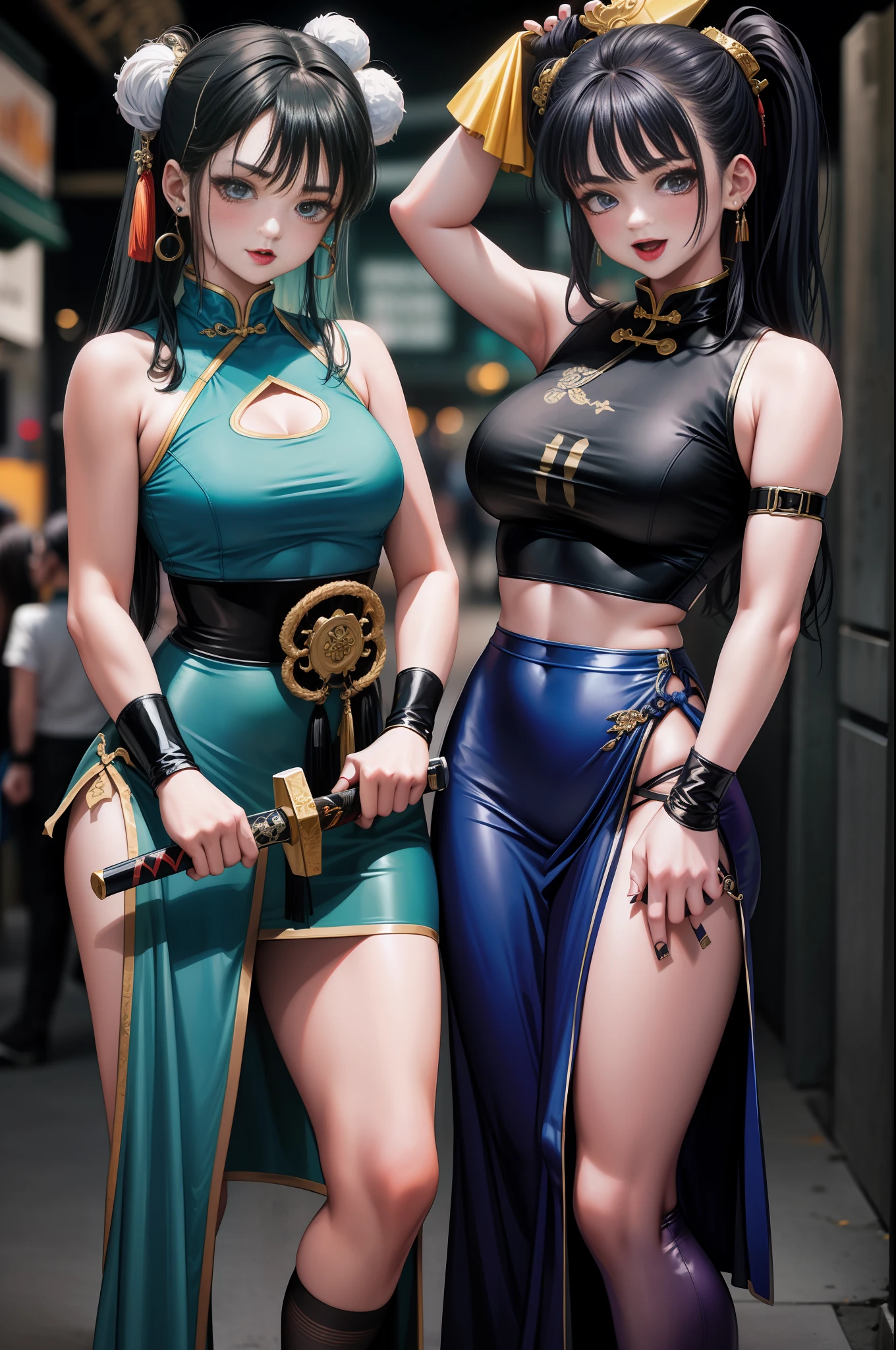 Close-up of two girls in different costumes, grunge style, garbage aesthetics!!!, grunge aesthetics!!! (, ???? gloomy style, junk aesthetic, Y2K style, y 2 k style, punk style, this set style, gothic style, retro aesthetic, 90s style, retro look, standing, leg raise, kung fu, martial arts, hanfu, ancient costume, hero, high ponytail, laugh, chinese style, blue clothes, sword, earrings