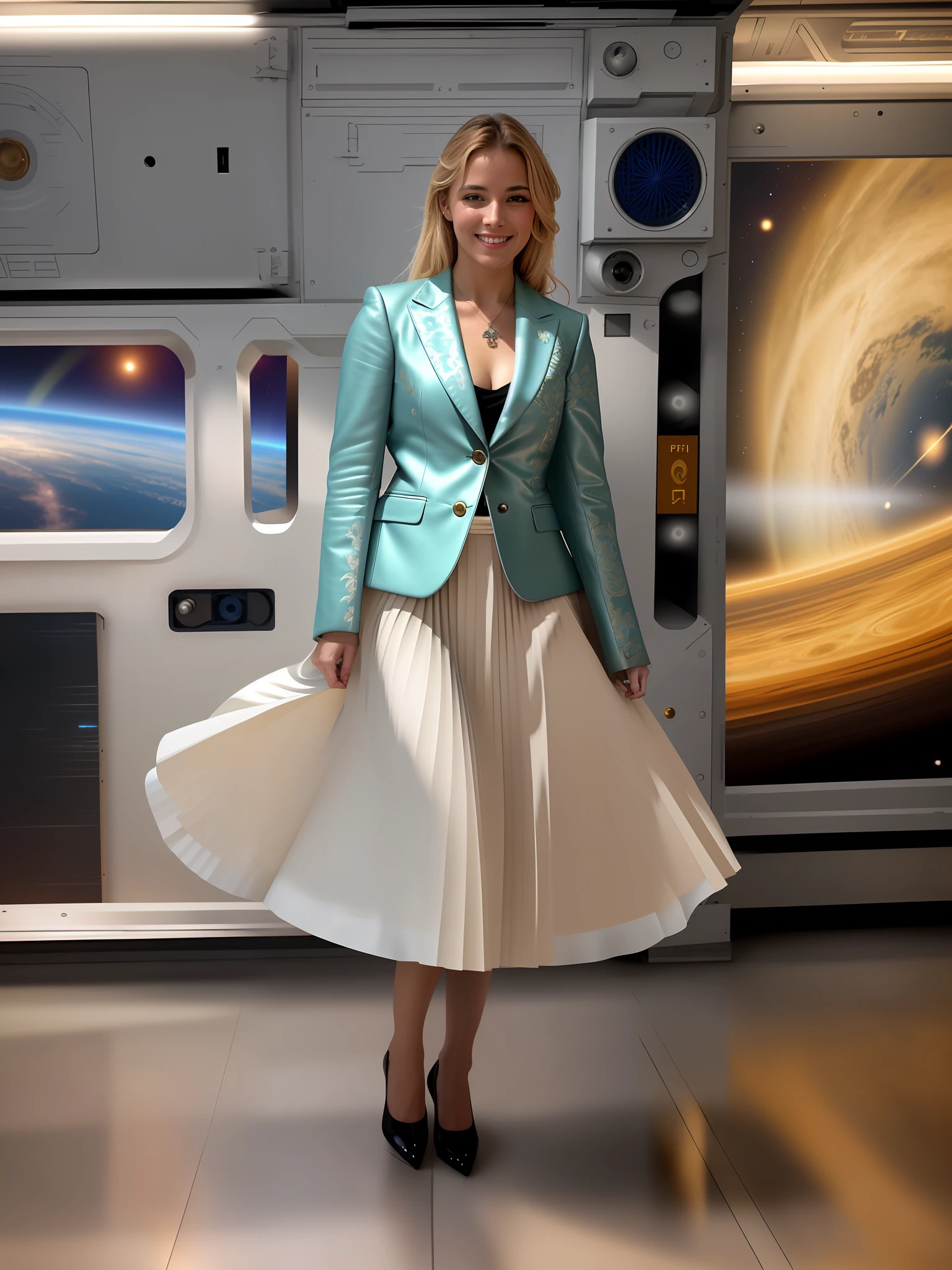 35mm f1.4 Kodak portra 400 photograph, extremely high quality RAW photograph, a therapist is playing with her skirt (in a flirting manner:1.3) on a space station, (shy) authentic (kind and tender) lesbian woman wearing a short blazer with a very very detailed (long (fully pleated) full circle skirt) and (simple) low heeled office shoes, very very intricate hyper-detailed symmetric (attractive graceful young feminine face) with (sad, tired) eyes and a (flirty smile:1.3), full of empathy and compassion and love, (pronounced feminine features:1,3), big boobs, large breasts, (highly detailed ultra accurate realistic) hands and fingers, ((windy conditions and wind blowing)), epic composition, highly detailed attributes, highly detailed atmosphere, detailed background, intricate, Exquisite details and textures, highly detailed, deep space station secret operations active background