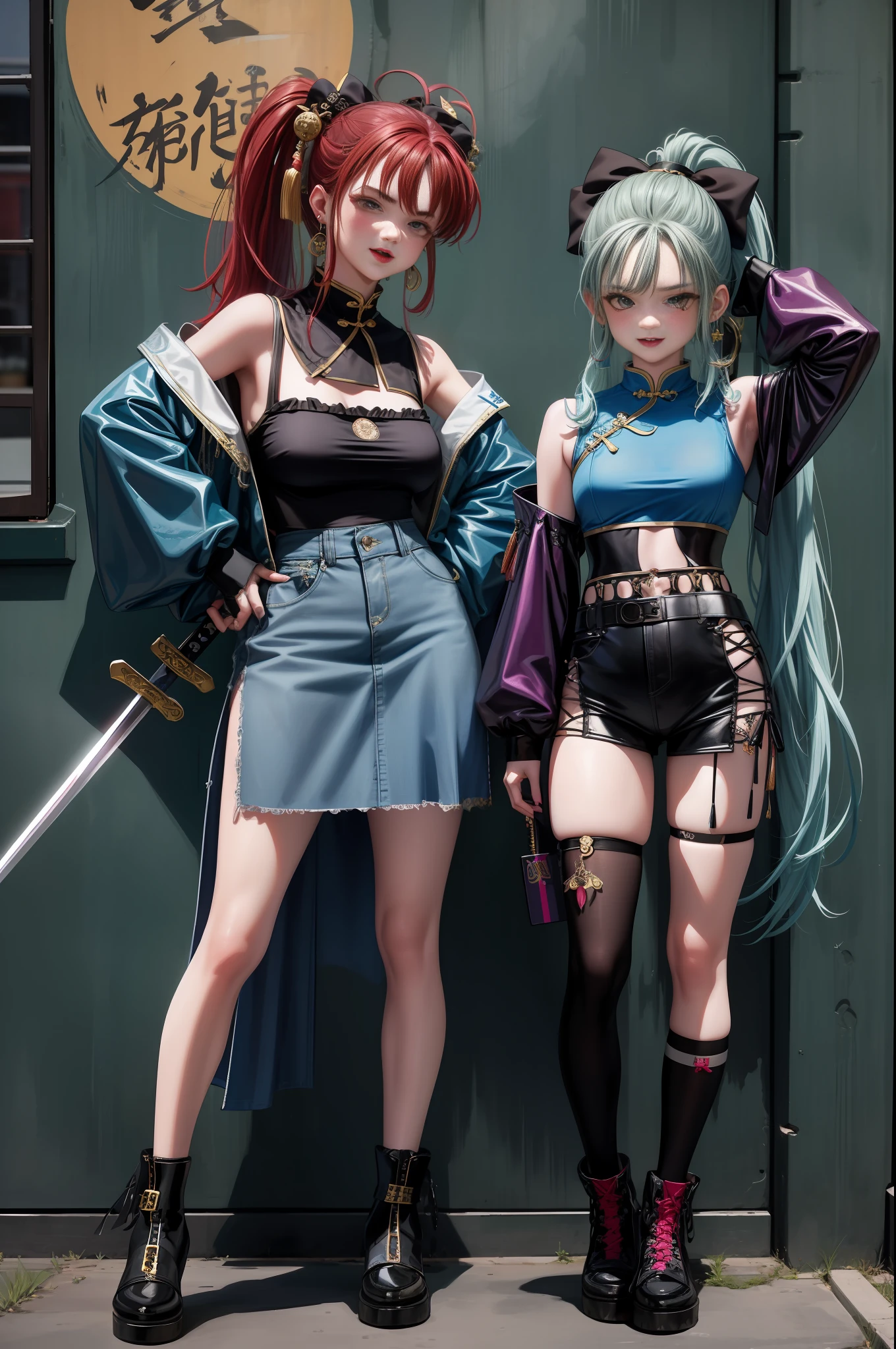 Close-up of two girls in different costumes, grunge style, garbage aesthetics!!!, grunge aesthetics!!! (, sexy gloomy style, junk aesthetic, Y2K style, y 2 k style, punk style, this set style, gothic style, retro aesthetic, 90s style, retro look, standing, leg raise, kung fu, martial arts, hanfu, ancient costume, hero, high ponytail, laugh, chinese style, blue clothes, sword, earrings