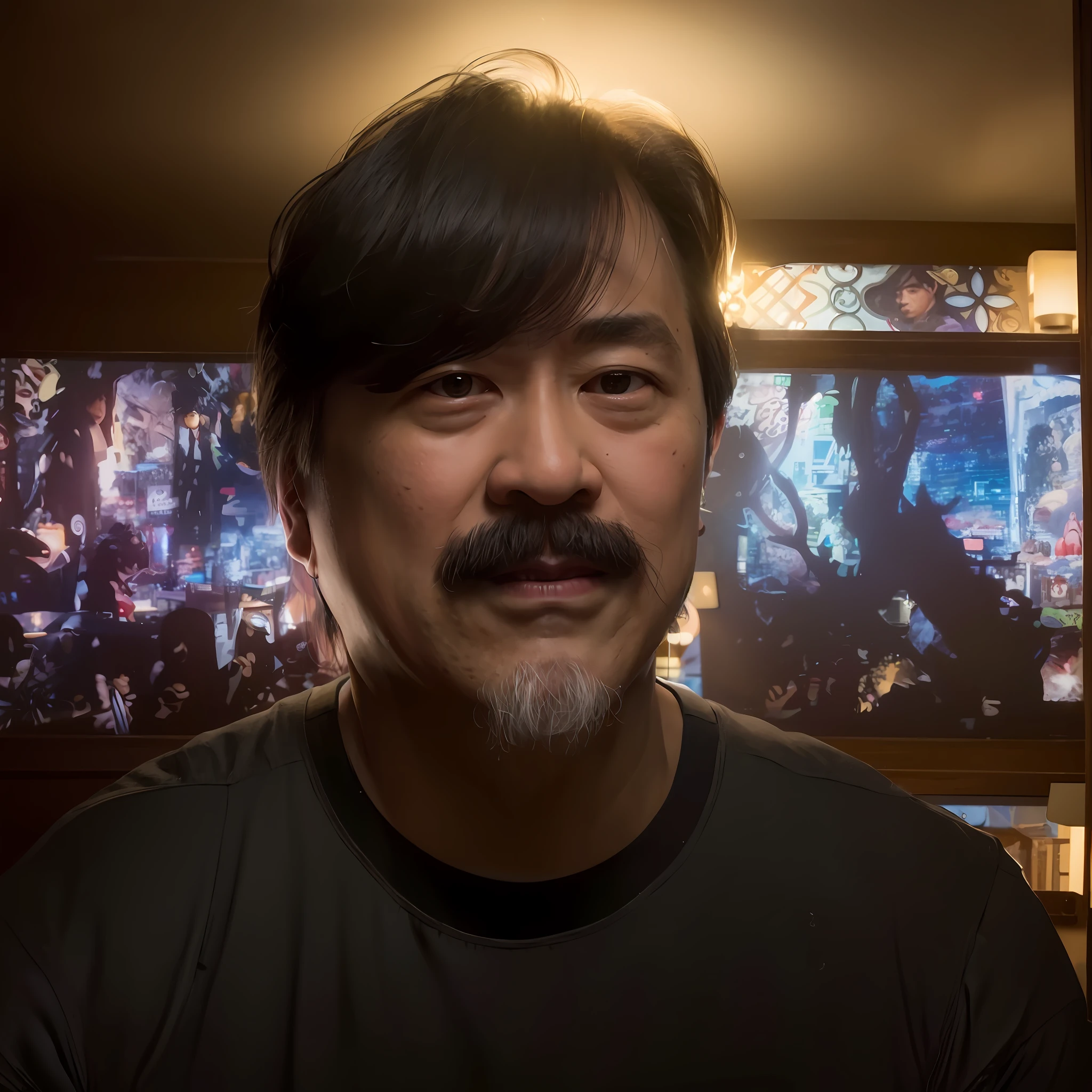 There's a man with a mustache and mustache sitting in front of a window, David Nakayama, Michael Okuda, George Kamitani, Gregg Araki, Kakar Cheung, Ken Ishikawa, Kazuki Tanahashi, Kazuki Takahashi, Shinji Kimura, Keng Lye, Robert Kinoshita, Ken Wong, Allan Lee, do much younger