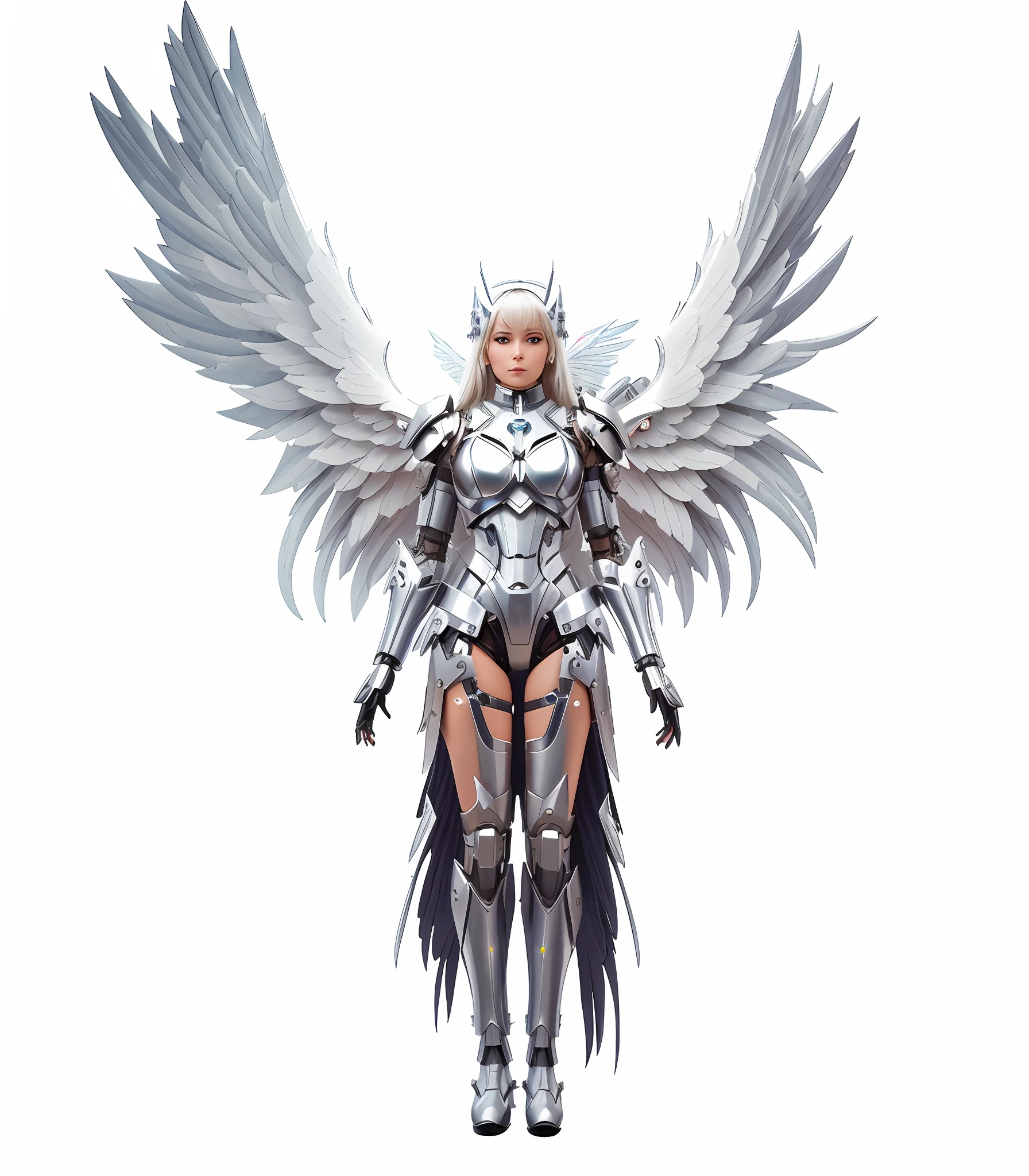 Close up of a woman with wings on sci-fi background, beautiful cyborg angel girl, angel knight girl, angel in plastic armor, futuristic robot angel, angel knight gothic girl, mechanized Valkyrie girl, majestic angel in full body, tall female angel, human with wings, mysterious Valkyrie, as mysterious Valkyrie, winged armor horns, wearing white futuristic armor