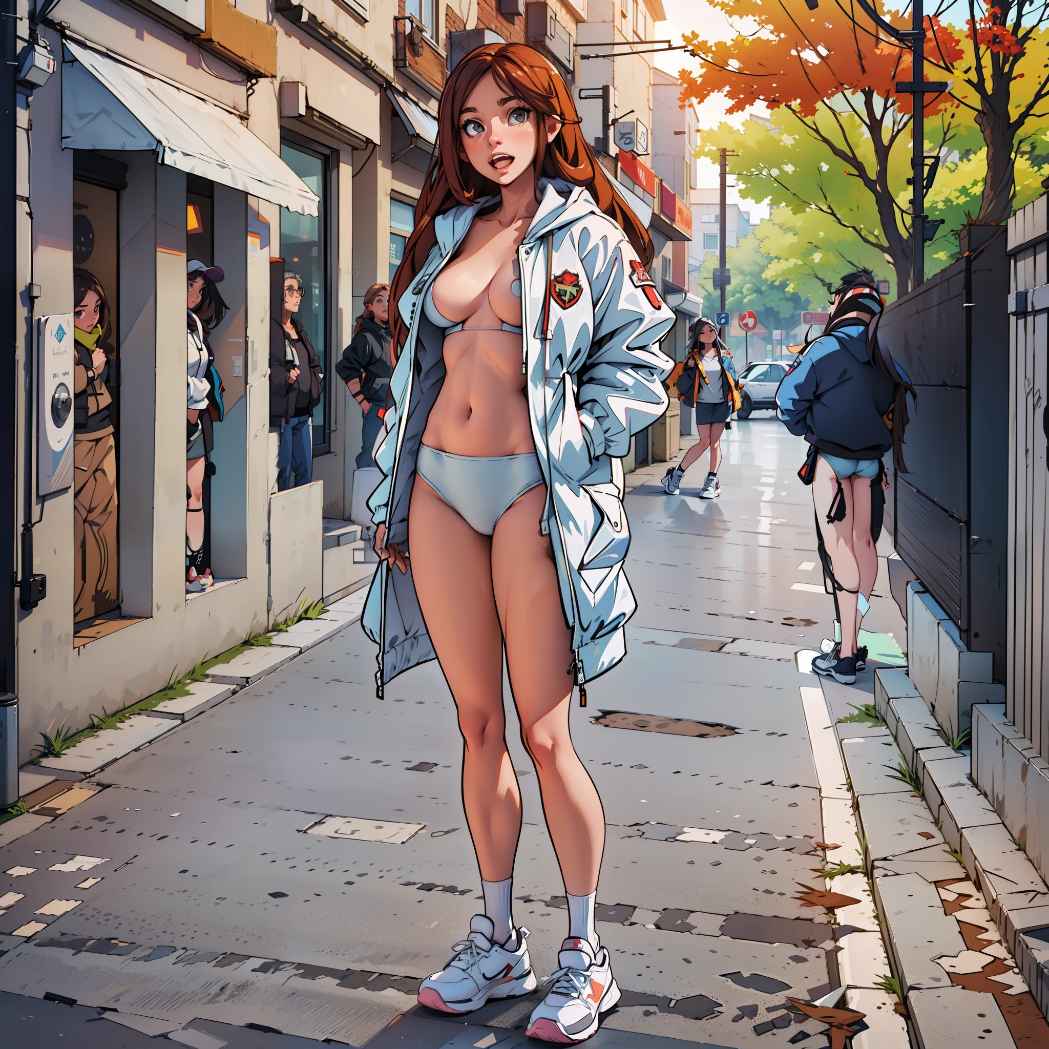 european girl, best quality, ultra high res, (photorealistic:1.4), autumn, street, sneakers, white down jacket, panties, perfect body, super large breasts,, (grey long hair:1), ((puffy eyes)), happy, naked, full body --auto --s2