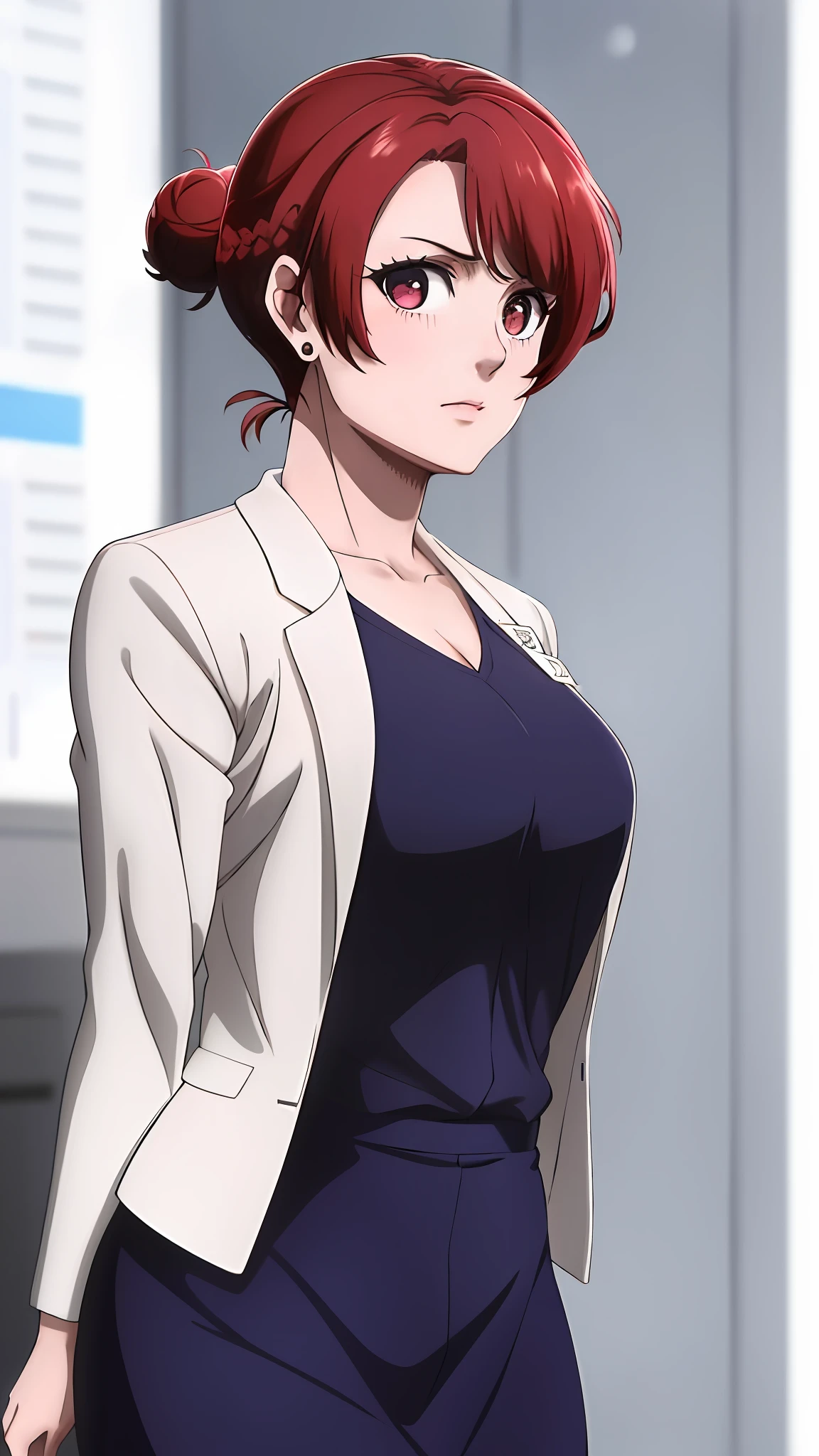 (realistic:1.5), ((masterpiece)), ((best quality)), beautiful_girl, (anriteieri), 1girl, solo, breasts, short_hair, ((red_hair)), shirt, cleavage, hazel_eyes, jewelry, closed_mouth, collarbone, jacket, upper_body, braid, earrings, hair_bun, blurry, black_shirt, blurry_background, frown, single_hair_bun, (ultra_quality), hyper_realism, (pale_skin), (skin_texture), pink_lipstick, ((looking at viewer)), ((sexy)),