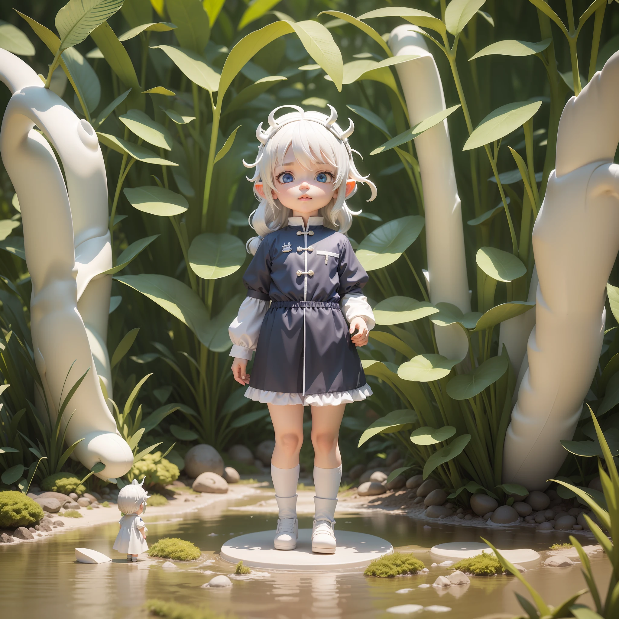 Blind box, tide play figure, full body, full view, front, a cute white hair cool dragging boy, long dragon horns on his head, uniform, big eyes, simple forest background, best quality, c4d, 3d, octane rendering, transparent material, soft light --auto --s2