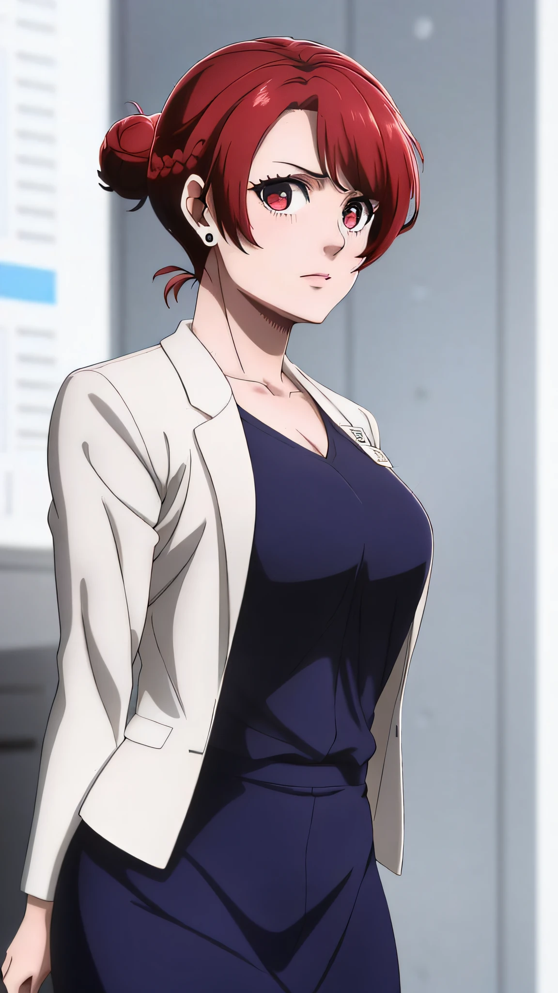(realistic:1.5), ((masterpiece)), ((best quality)), beautiful_girl, (anriteieri), 1girl, solo, breasts, short_hair, ((red_hair)), shirt, cleavage, hazel_eyes, jewelry, closed_mouth, collarbone, jacket, upper_body, braid, earrings, hair_bun, blurry, black_shirt, blurry_background, frown, single_hair_bun, (ultra_quality), hyper_realism, (pale_skin), (skin_texture), pink_lipstick, ((looking at viewer)), ((sexy)),