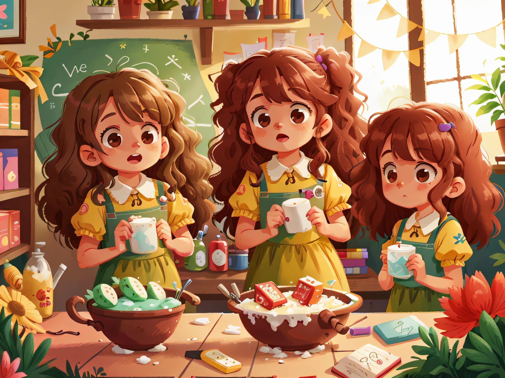 Two twin girls curly brown hair, Livia and Lavinia hair full of soap