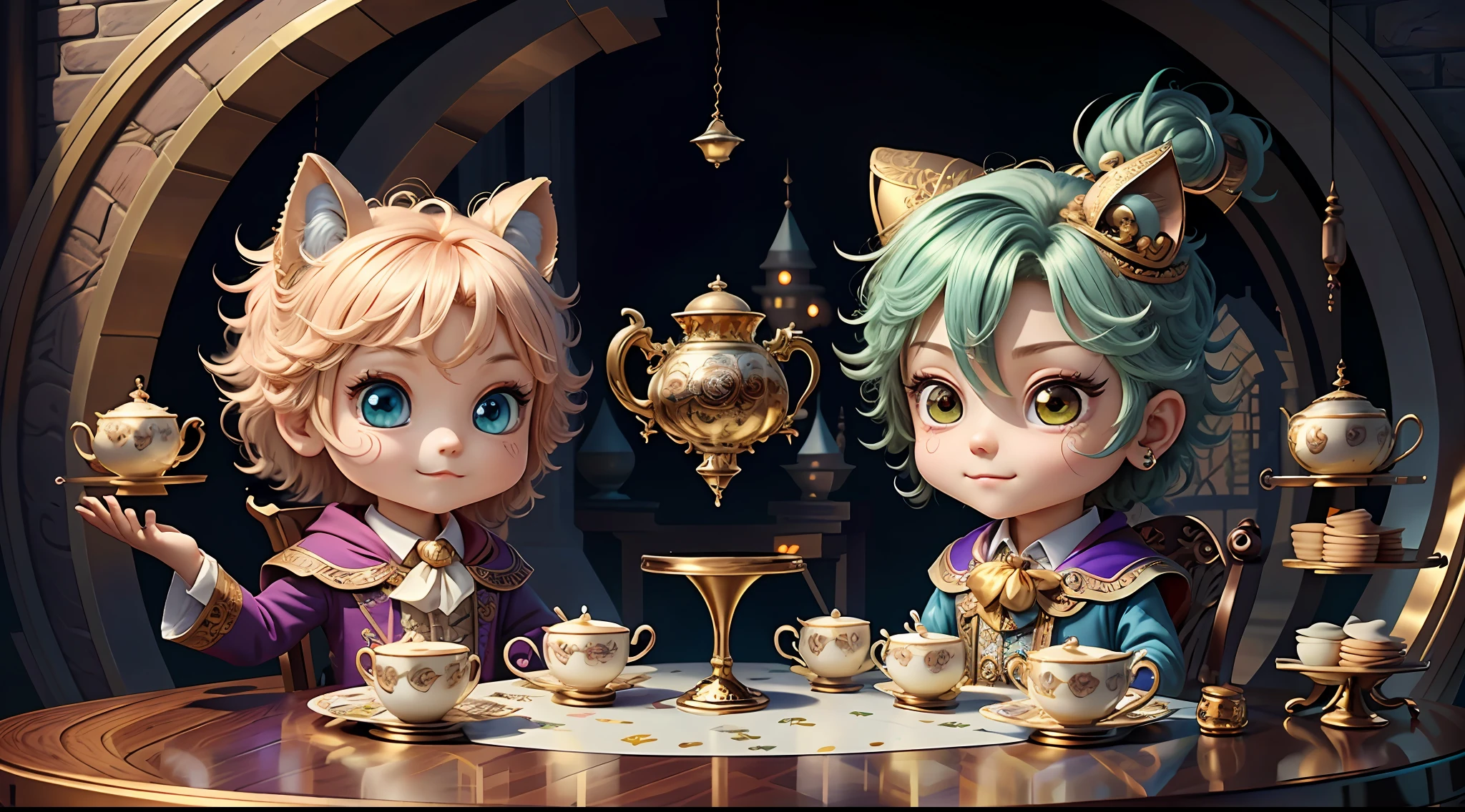 Masterpiece, best quality, wizard tea party, magic tea party, magic, chibi, handsome witches, highly detailed realistic eyes, happy, vibrant, colorful,