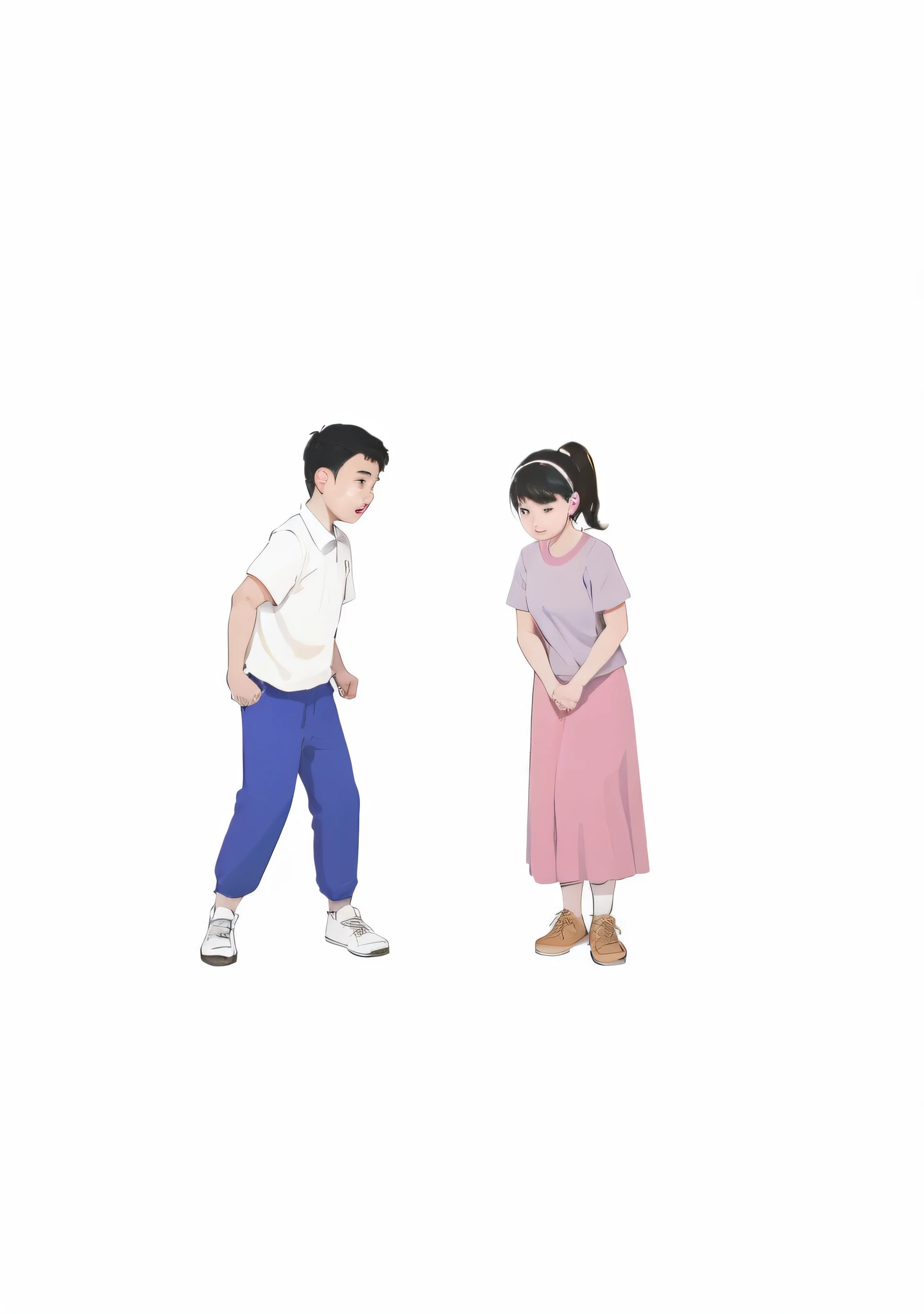 there is a man and a woman standing next to each other, boy and girl, fighting stance, children illustration, kids playing, various pose, children, boy and girl are the focus, dancing with each other, short person, dressed with fluent clothes, powerful stance, two people, exciting illustration, aggressive stance, illustration for children, looking at each other mindlessly