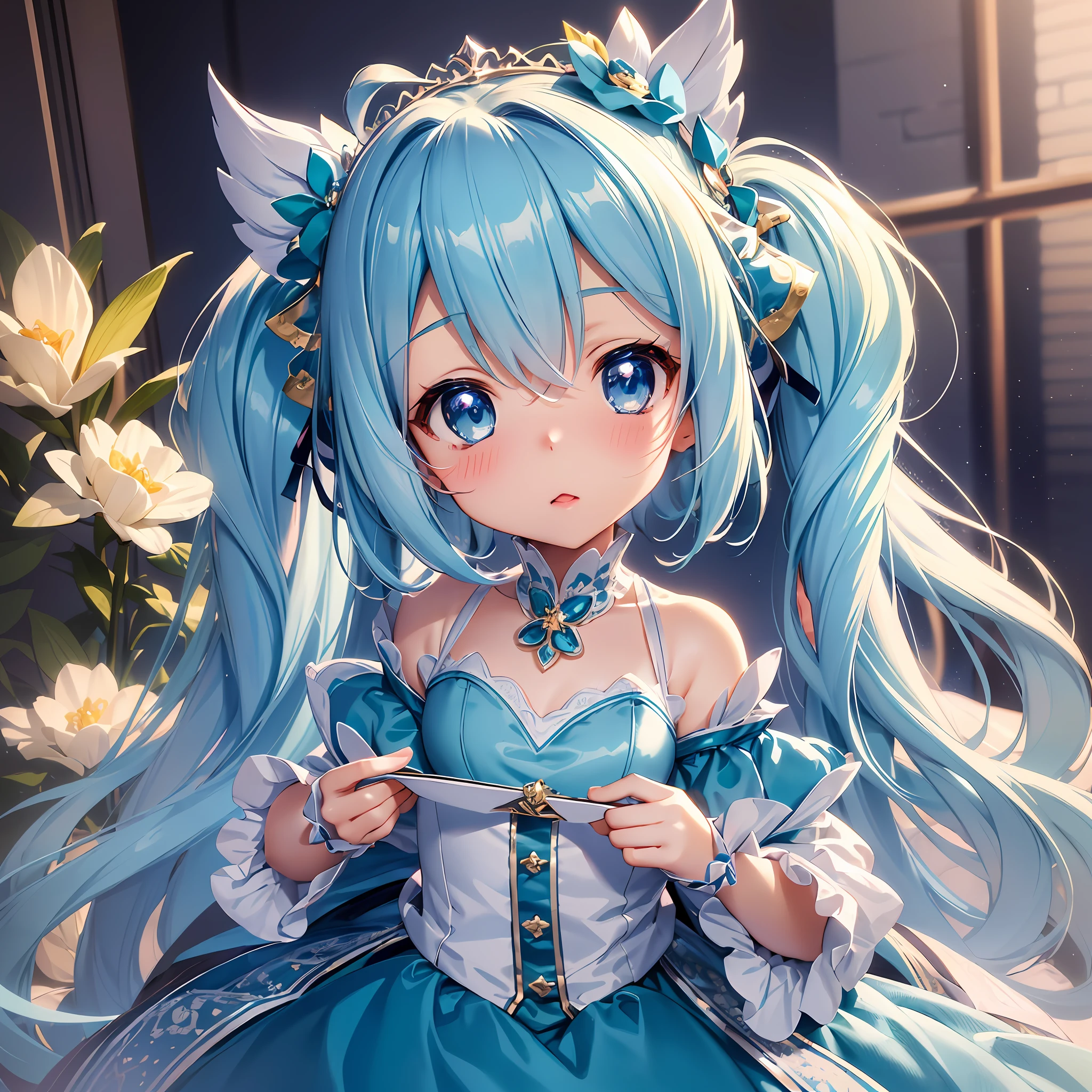 (artwork), (amazing work), (indirect linear lighting), (Chibi-cute studios), (Gif cute anime), (cute cute kawaii), (extremely detailed CG 8k unit wallpaper), (1girl) wearing cute dress, long blue hair with cute ruffled tiara, wearing silk gloves, white skin, green blue eyes, (cute kawaii)