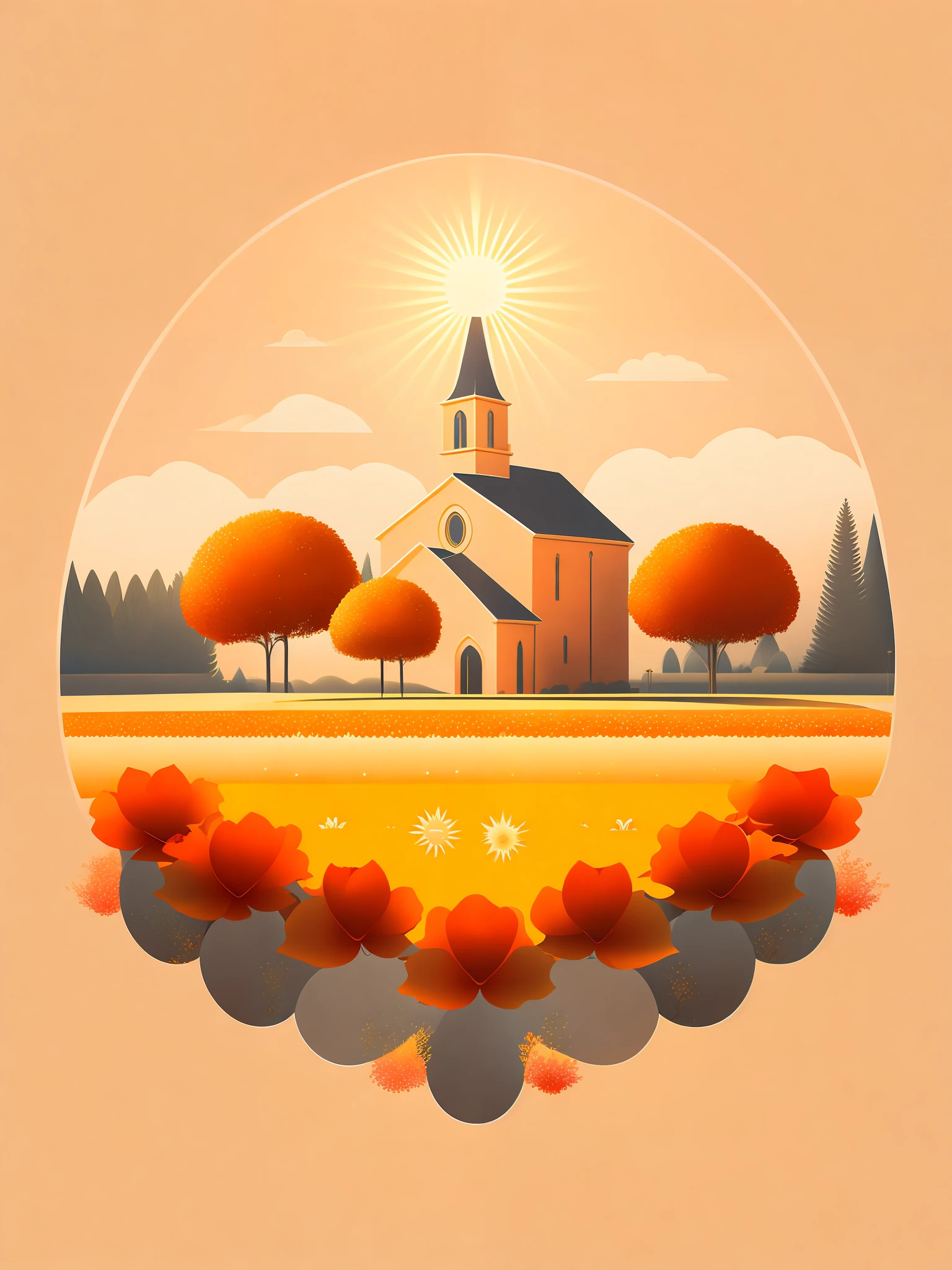 A realistic minimalist Catholic traditionalist church in a flower field with reflections of the sun, masterpiece, in an autumn landscape, warm colors, stunning realistic style, T-shirt design, rzminjourney, vector art