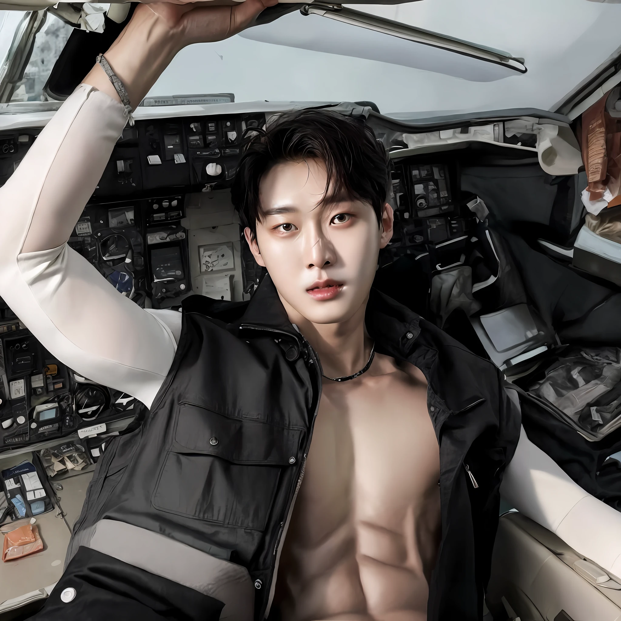 arafed man in a cockpit of a plane with a shirt on, wonbin lee, jinyoung shin, taejune kim, siwoo kim, cai xukun, south korean male, steven klein, jung jaehyun, airplane, hyung tae, yanjun chengt, inspired by jeonseok lee, shirtless, hyung tae kim, hong june hyung, magazine photo