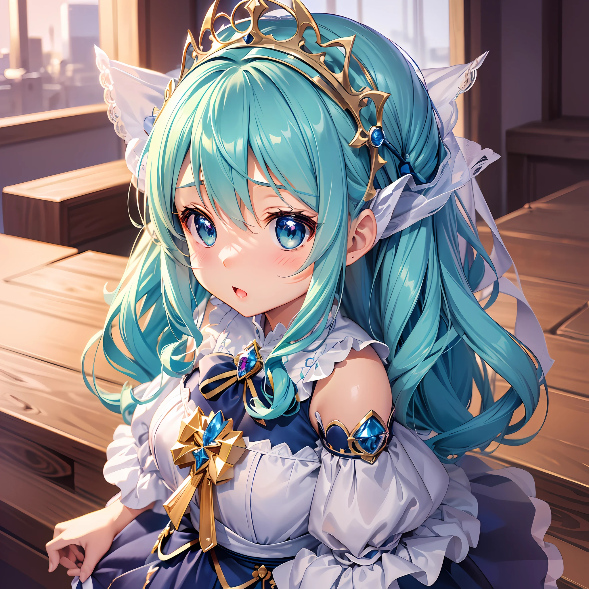 (artwork), (amazing work), (indirect linear lighting), (Chibi-cute studios), (Gif cute anime), (cute cute kawaii), (extremely detailed CG 8k unit wallpaper), (1girl) wearing cute dress, long blue hair with cute ruffled tiara, wearing silk gloves, white skin, green blue eyes, (cute kawaii)