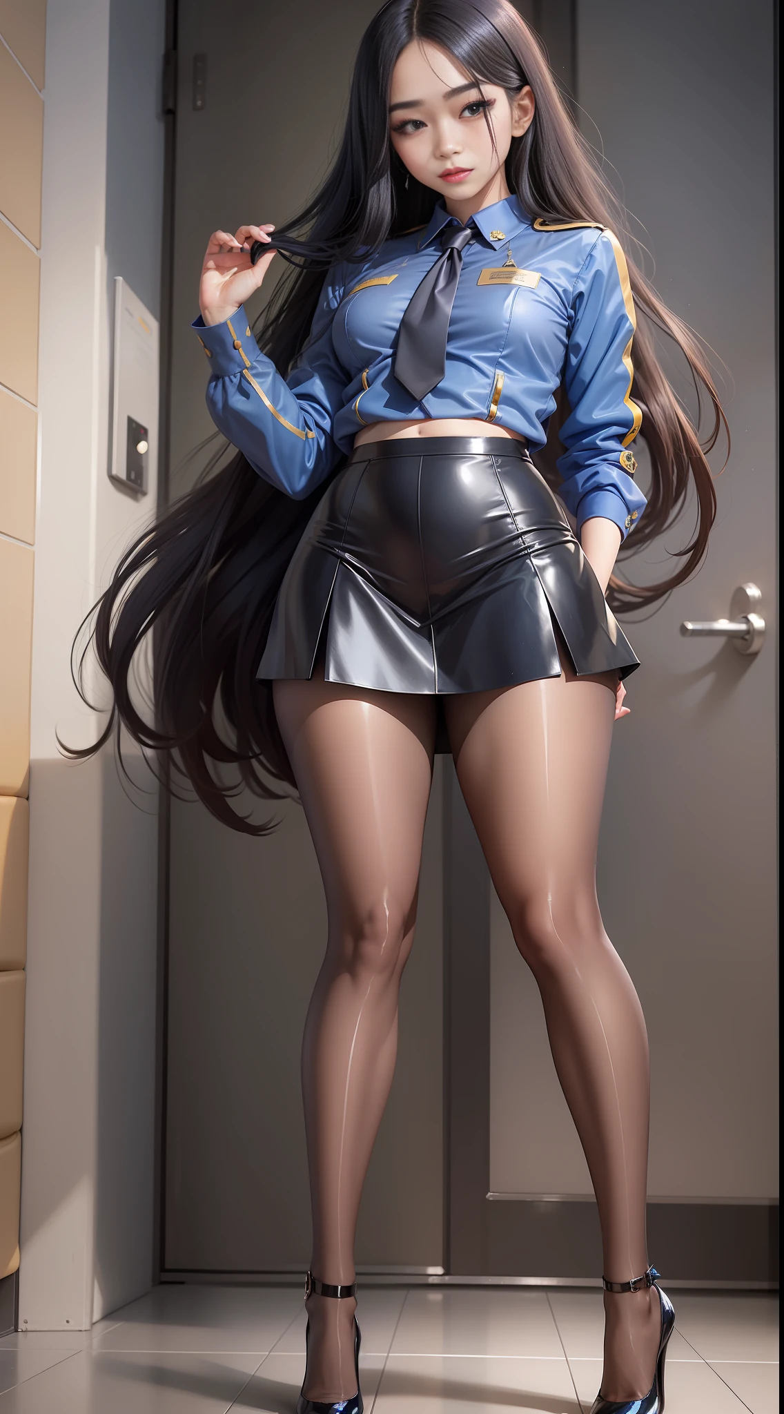 Please make a high-resolution photo.
model is a 15 years old high school student Korean transvestite twink
boy with long hair with so flat chest with very beautiful face with dark Ulzzang makeup
with a disdainful expression. Please make all people 5.3 feet tall and weighs 160pounds.
All people in same place.
Wearing thight mini skirt flight attendant uniform and must wear very transparent dark navy shiny pantyhose and metallic colour high heel pumps.
Please must wear shiny transparent dark-colour pantyhose on your legs properly so that you can't see your bare skin. Please must wear shiny metallic high heels on your feet.