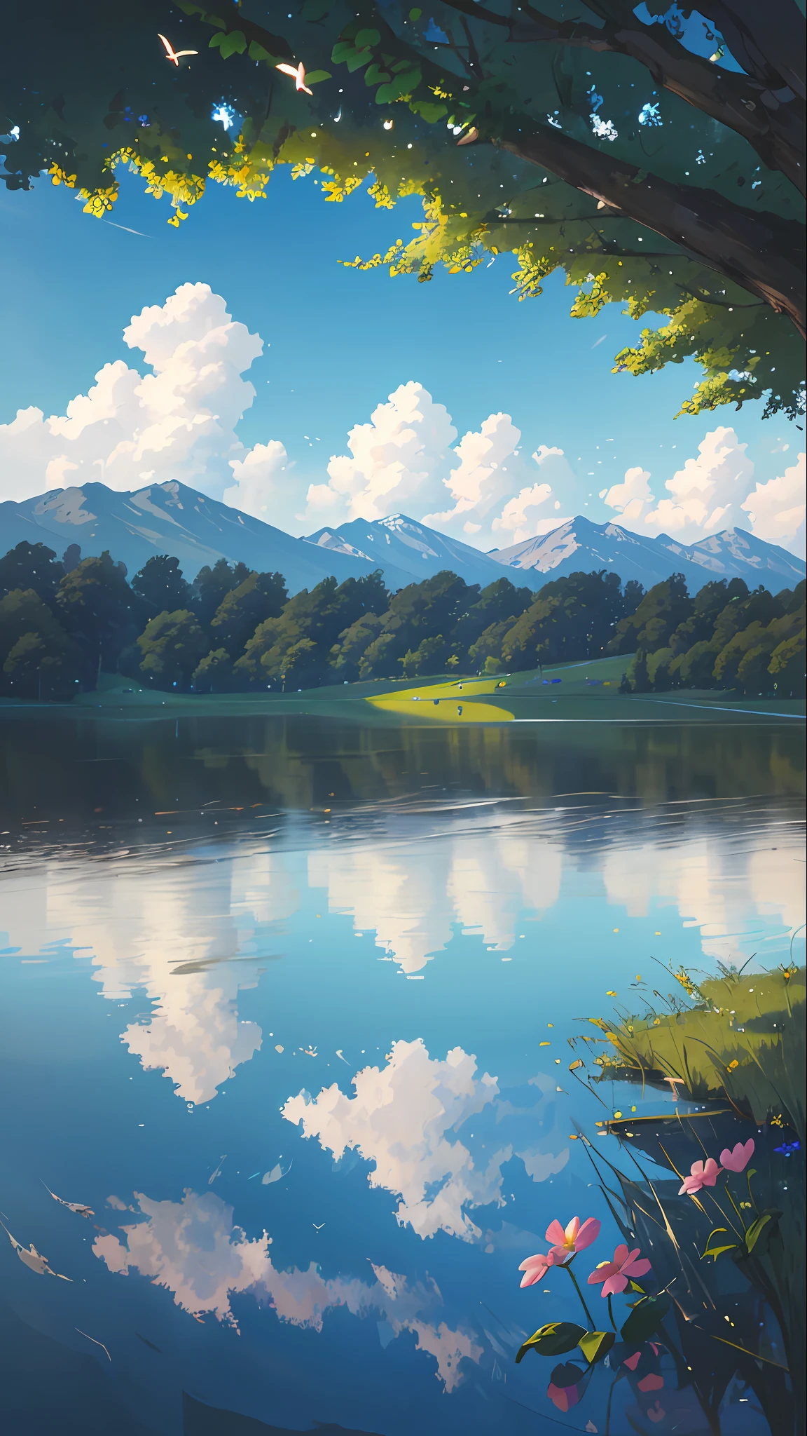 Summer, meadows, a few small flowers, clear lakes, sheep, heaven, large clouds, blue sky, hot weather, HD detail, hyper-detail, cinematic, surrealism, soft light, deep field focus bokeh, distant vistas are snowy mountains, ray tracing, and surrealism. --v6