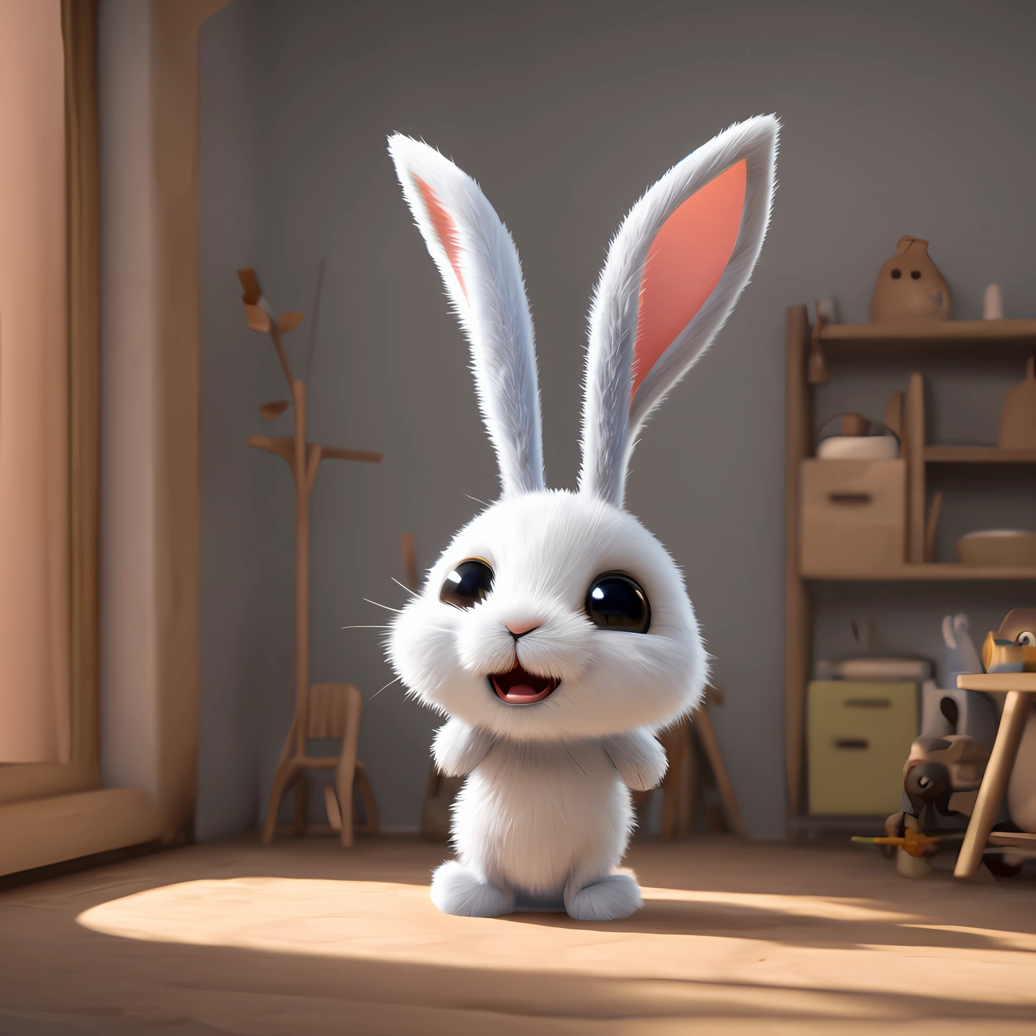 Cute adorable little bunny waving and smiling greeting me, unreal engine, cozy interior lighting, art station, detailed digital painting, cinematic, character design by mark ryden and pixar and hayao miyazaki, unreal 5, daz, hyper realistic, octane render, 3DMDT1