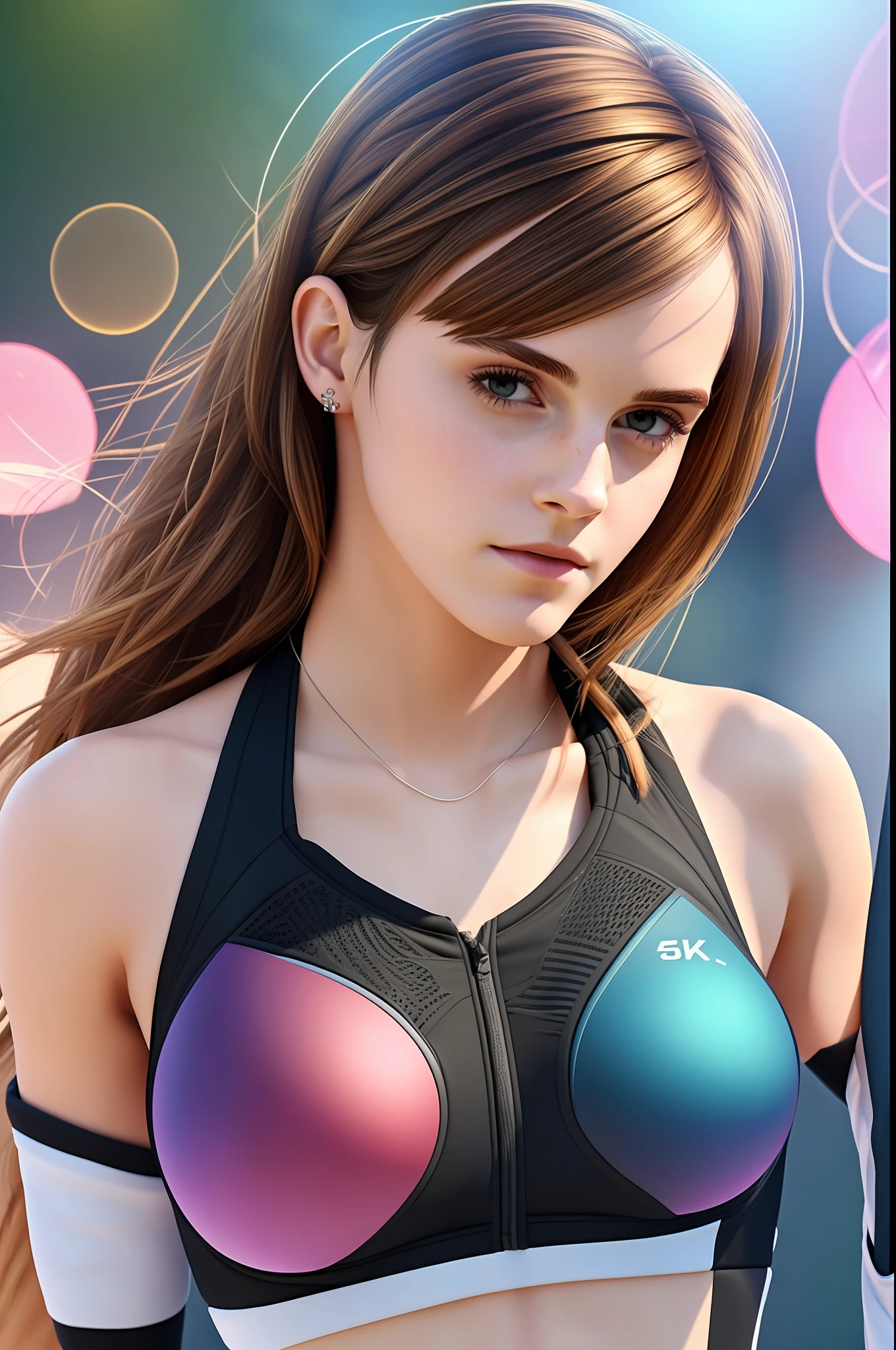 Emma Watson. The sporty clothes of the tall slender woman cover her perfect body and round breasts. With a dreamy look, she looks into the camera, (Masterpiece:1.2) (Photorealistic:1.2) (Bokeh) (best quality) (intricate details) (8K) (High Poly) (Raytracing) (Cinema lighting) (Sharp focus) (detailed face) (detailed pupils)