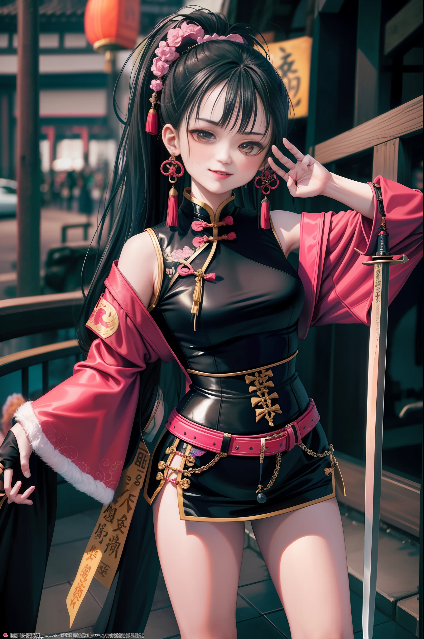 Close-up of three girls in different costumes, grunge style, grunge aesthetics, !!!, grunge aesthetics!!! (, sexy gloomy style, grunge aesthetic, Y2K style, y 2 k style, punk style, this set style, gothic style, retro aesthetic, 90s style, retro look, standing, kung fu, martial arts, hanfu, period costume, hero, high ponytail, laugh, chinese style, pink cheongsam, sword, earrings, chinese knot, pose special, bridge,