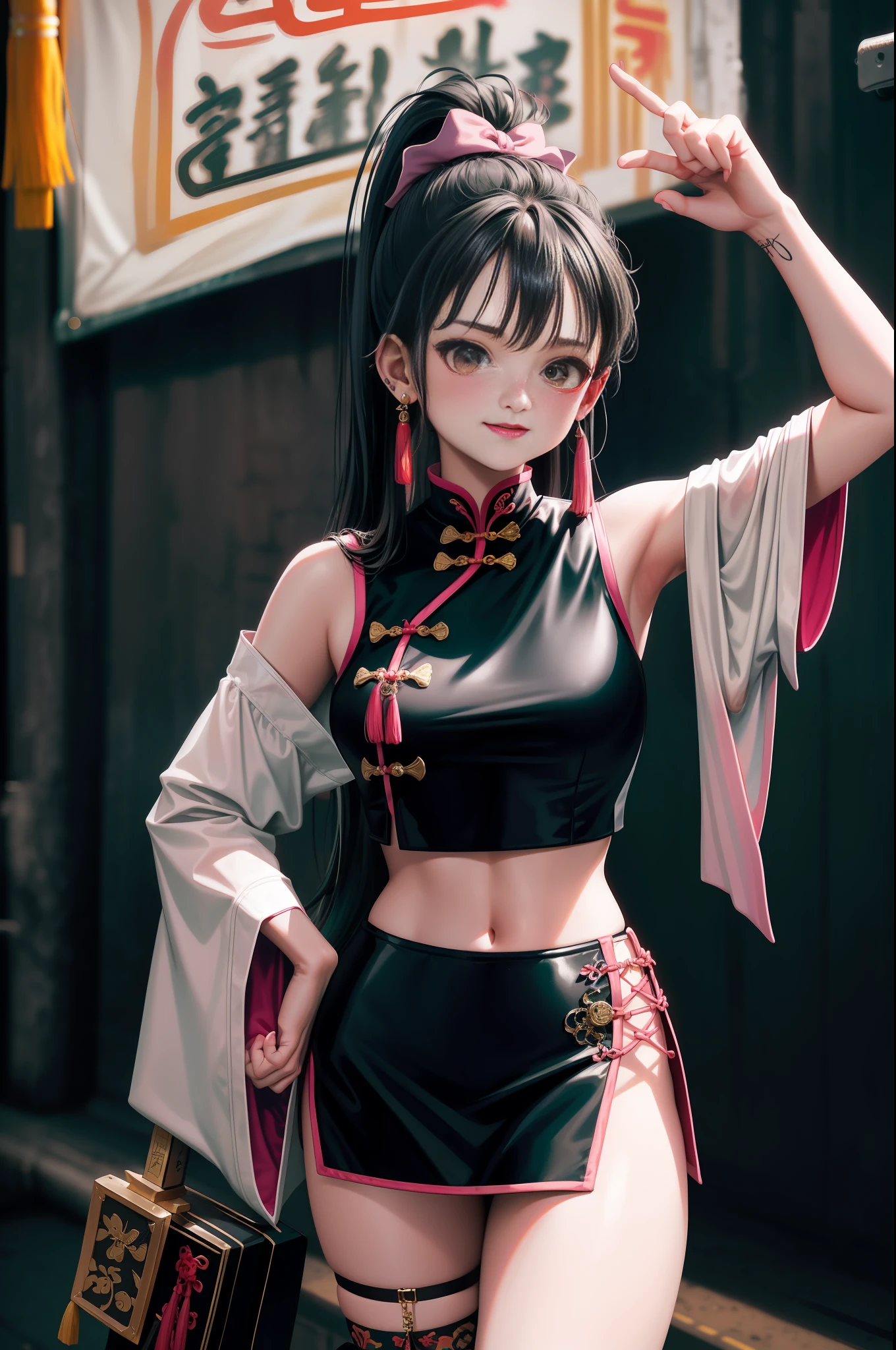 Close-up of three girls in different costumes, grunge style, grunge aesthetics, !!!, grunge aesthetics!!! (, sexy gloomy style, grunge aesthetic, Y2K style, y 2 k style, punk style, this set style, gothic style, retro aesthetic, 90s style, retro look, standing, kung fu, martial arts, hanfu, period costume, hero, high ponytail, laugh, chinese style, pink cheongsam, sword, earrings, chinese knot, pose special, bridge,