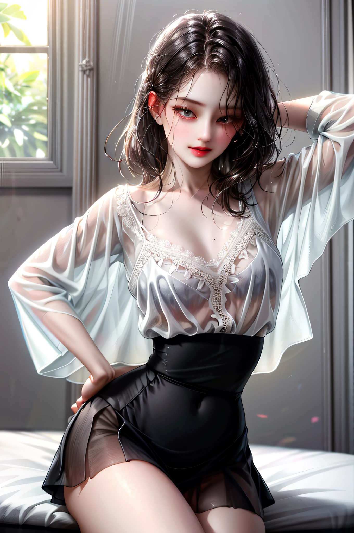 Create one woman, white sheer blouse, tight black mini skirt, underwear bite, sexy pose,