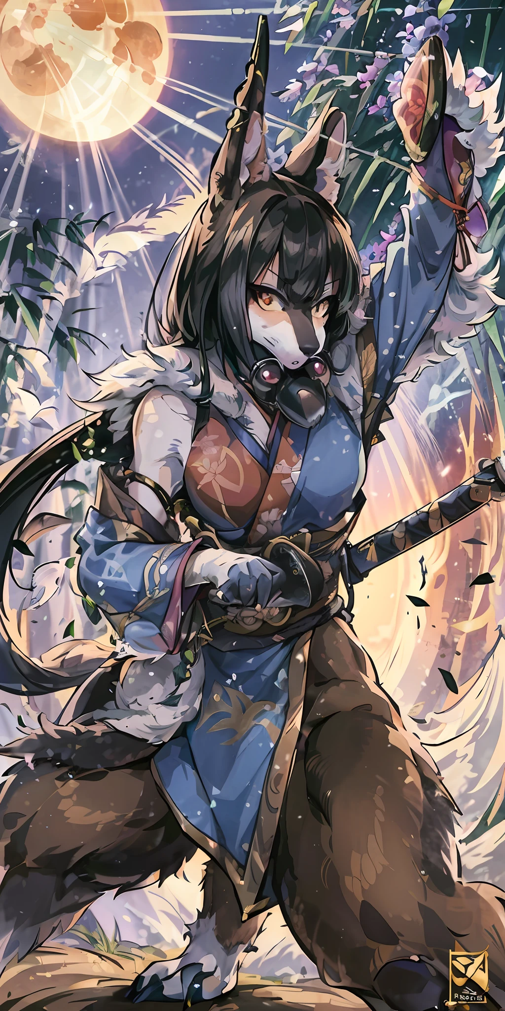 Top quality ultra-fine illustrations, movie poster, Zatoichi, Blind Swordsman (bamboo forest, dark night with beautiful full moon, rays of light through bamboo, backlighting, Tyndall phenomenon) (beautiful face and eyes with great detail) absurdres perfect ??????? ((Beastman))) (furry, pair, Japanese kimono, ninja, sword with blue flames, battle duels) (furry anthro:1.7) ((((furry body, animal facial features, animal body features)))) ((((animal muzzle highly detailed fur)))) full body, sturdy look, shouting, combat regime (dynamic pose),