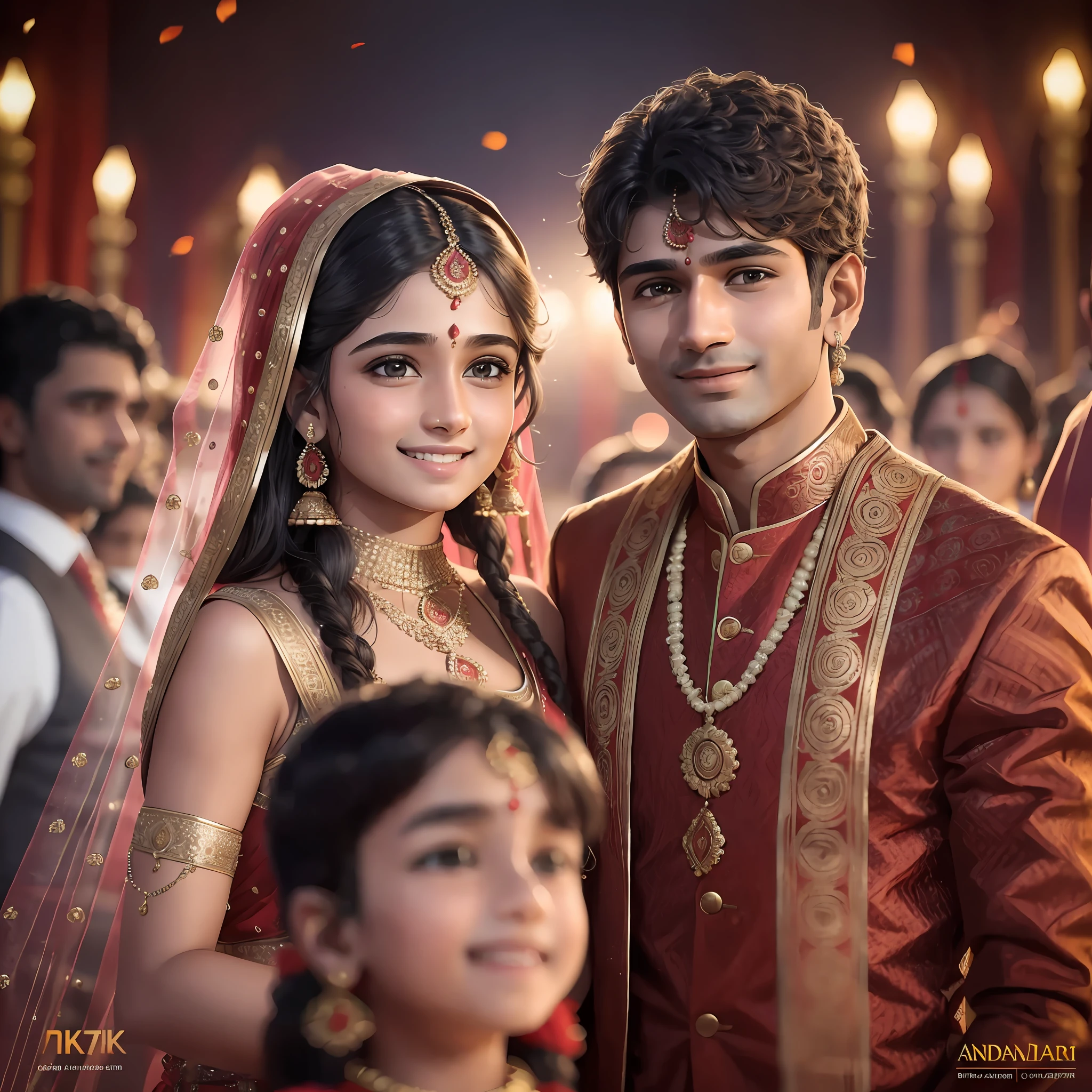 8k, ultra detailed, highly realistic, award winning, picture, a boy & girl ,age 21 , standing,in wedding,indian style, looking eachother,smile on face , crowd, night --auto --s2
