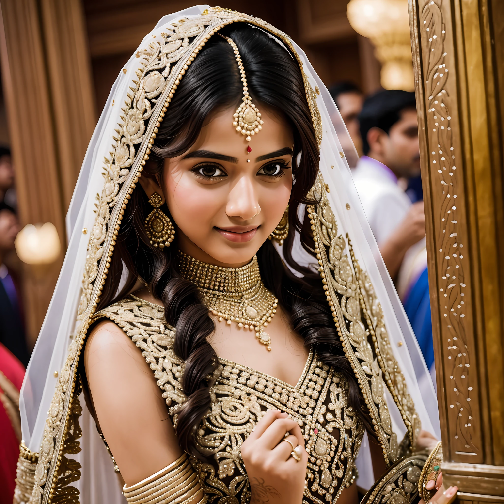 8k , ultra detailed, highly realistic, masterpiece, award winning picture,1 boy ,1girl ,in wedding, looking eachother, shyness, indian wedding,night, crowd,love eachother --auto --s2