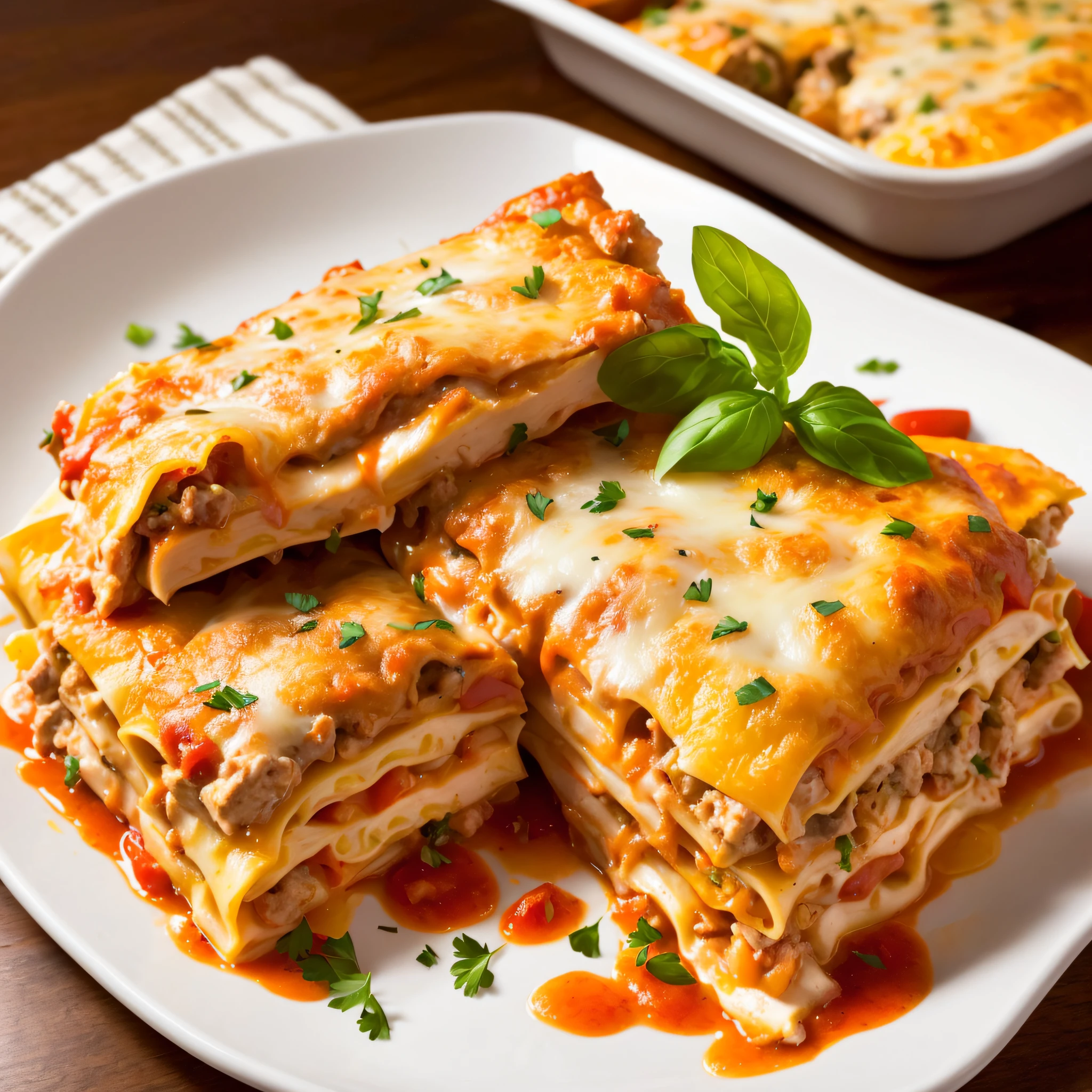 a closeup of a chicken lasagna on a plate, lasagna, high quality food photography, lasagna, easy, (ultra realistic, realistic and coherent, mixed art, professional food photography, ready to eat, an ultra realistic, looks realistic, a hyper realistic, very very realistic, incredibly realistic, lasagna, 4k food commercial, very realistic