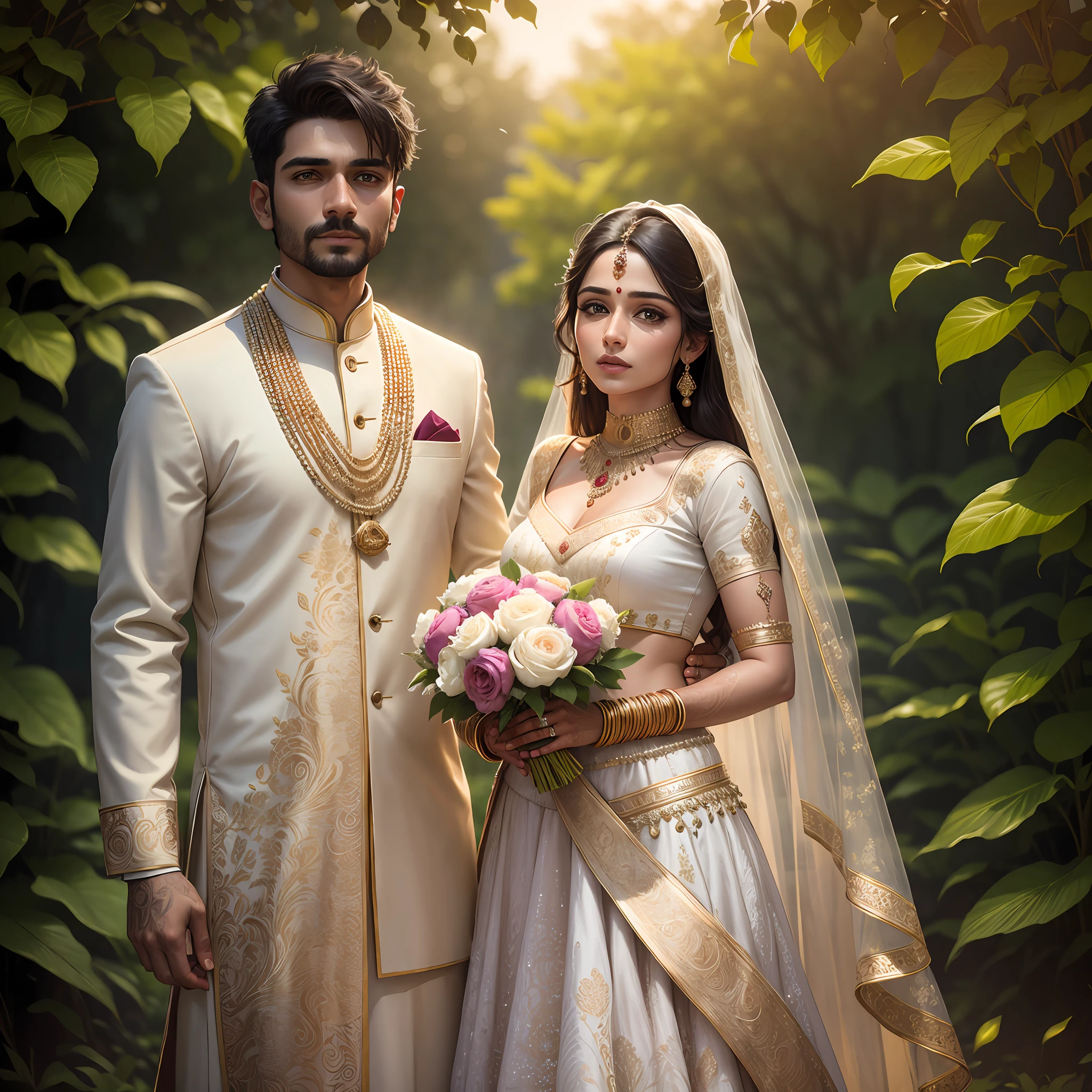 8k, ultra realistic, highly detailed, masterpiece, award winning picture, a couple, wedding portrait, indian style wedding,groom & bridal, standing,near , bonfire,wear wedding dress,sun set ,in marriage garden, tress, --auto --s2